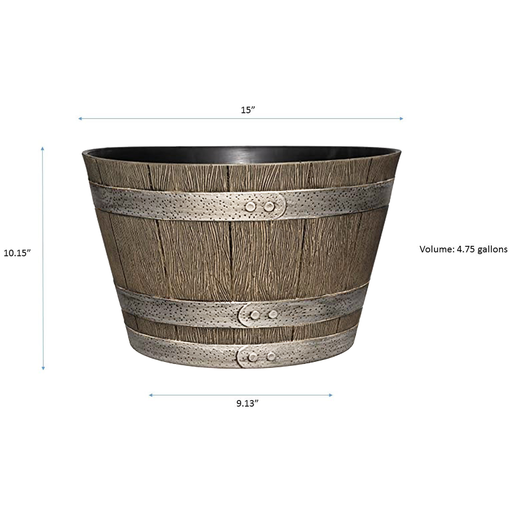 Classic Home and Garden Outdoor Round Whiskey “Home” Resin Barrel Planter — Distressed Oak Brown, 15"