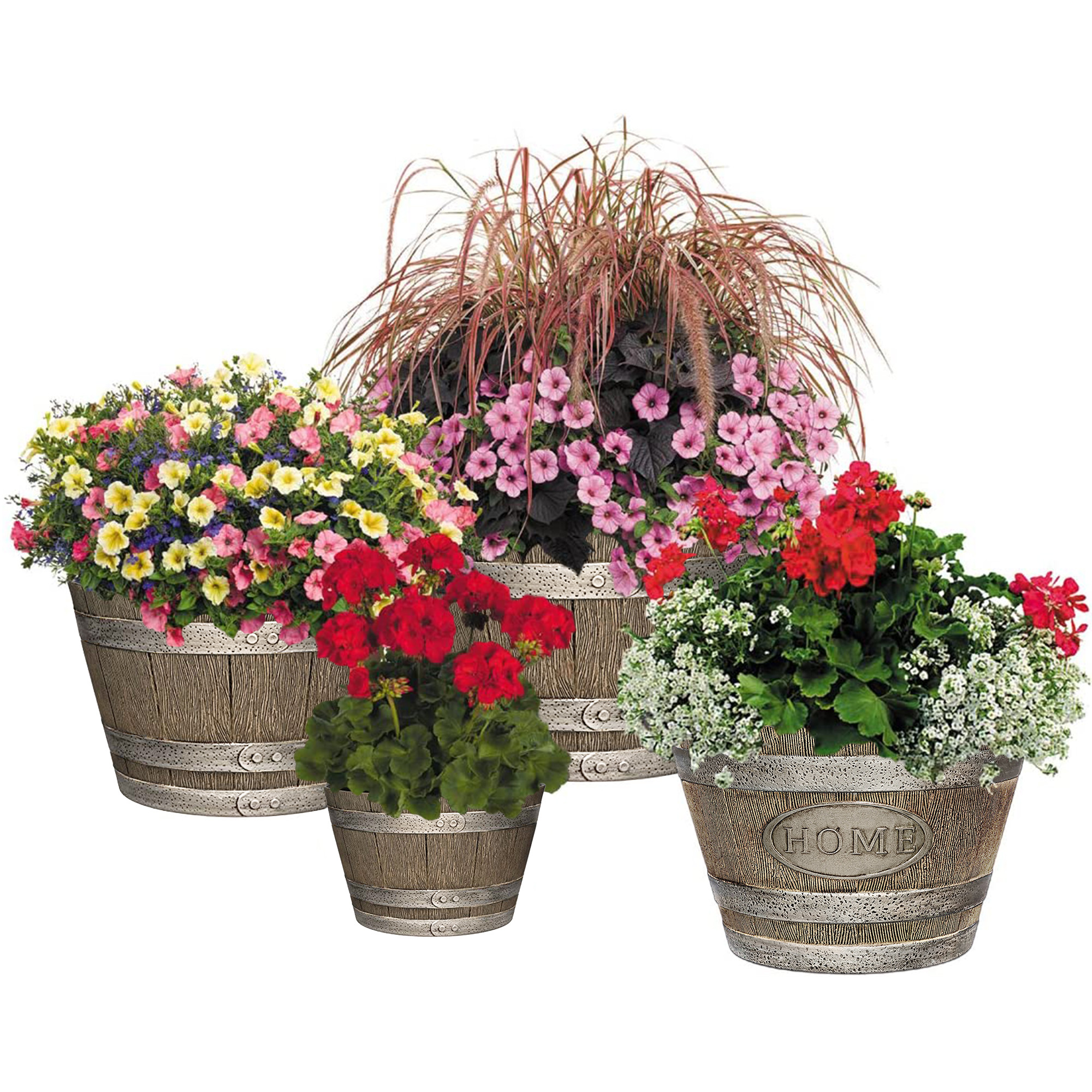 Classic Home and Garden Outdoor Round Whiskey “Home” Resin Barrel Planter — Distressed Oak Brown, 15"