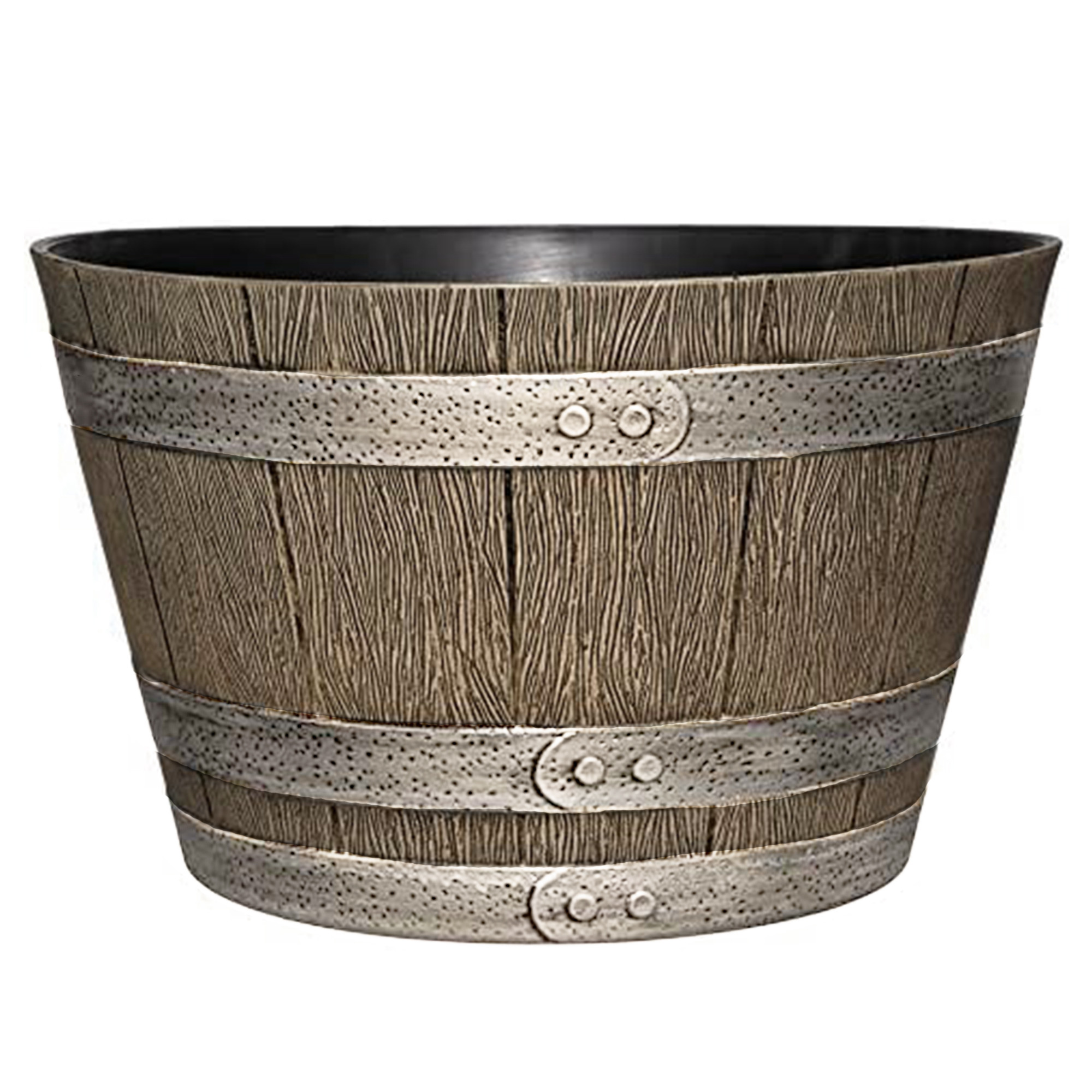 Classic Home and Garden Outdoor Round Whiskey “Home” Resin Barrel Planter — Distressed Oak Brown, 15"