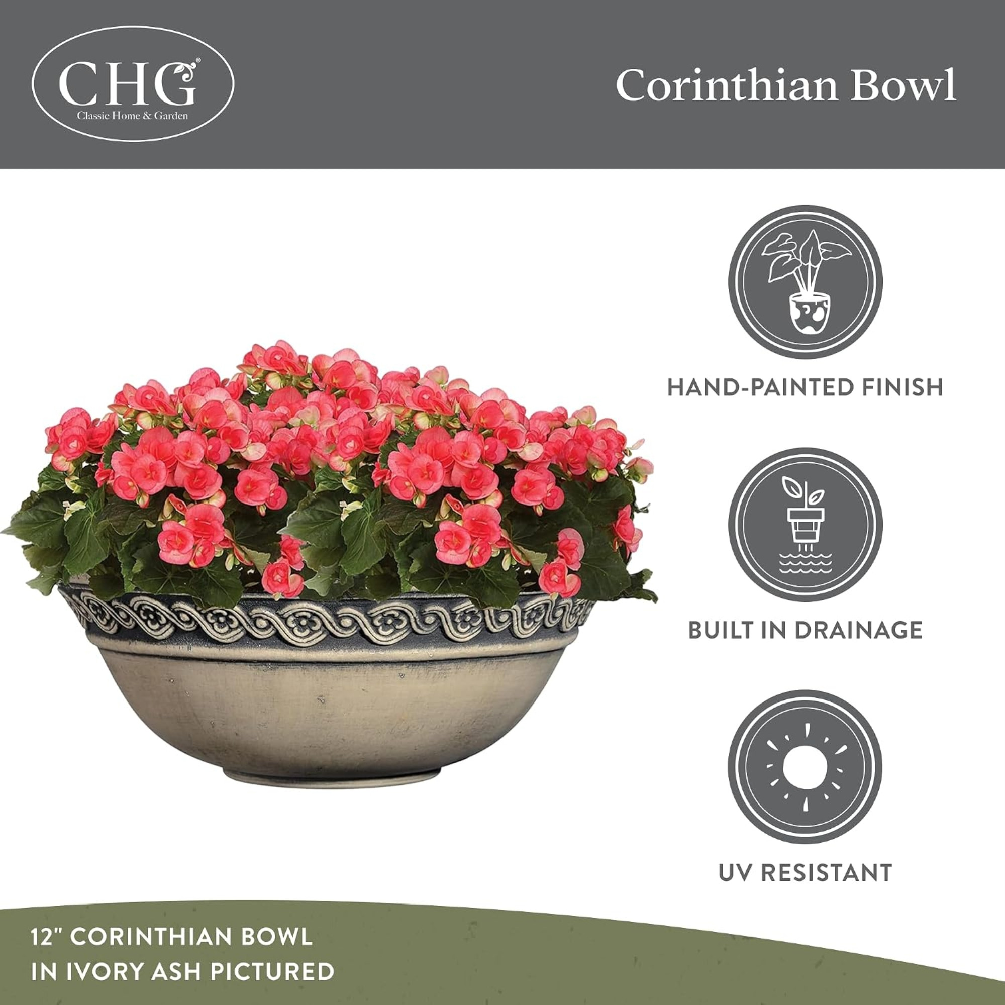 Classic Home and Garden Corinthian Resin Flower Pot Planter Bowl