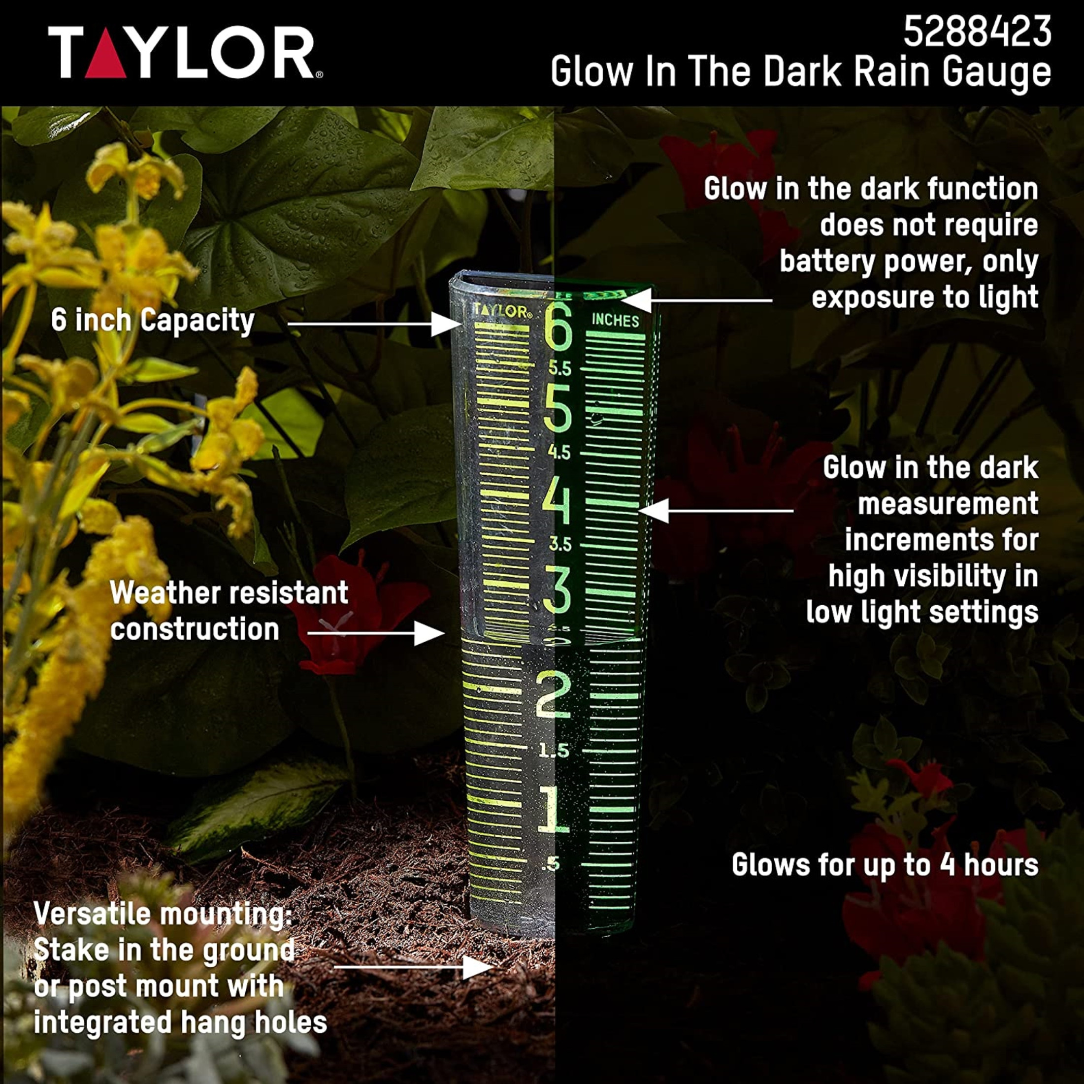 Taylor Precision Products Glow in The Dark Rain Gauge, 6" Inch Capacity