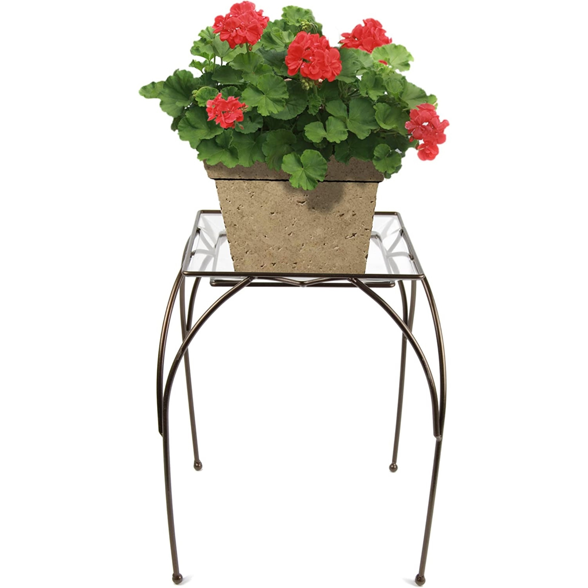 Plastec Square Metal Saucer Table w/ Decorative Plastic Saucer, Dark Bronze, 15"