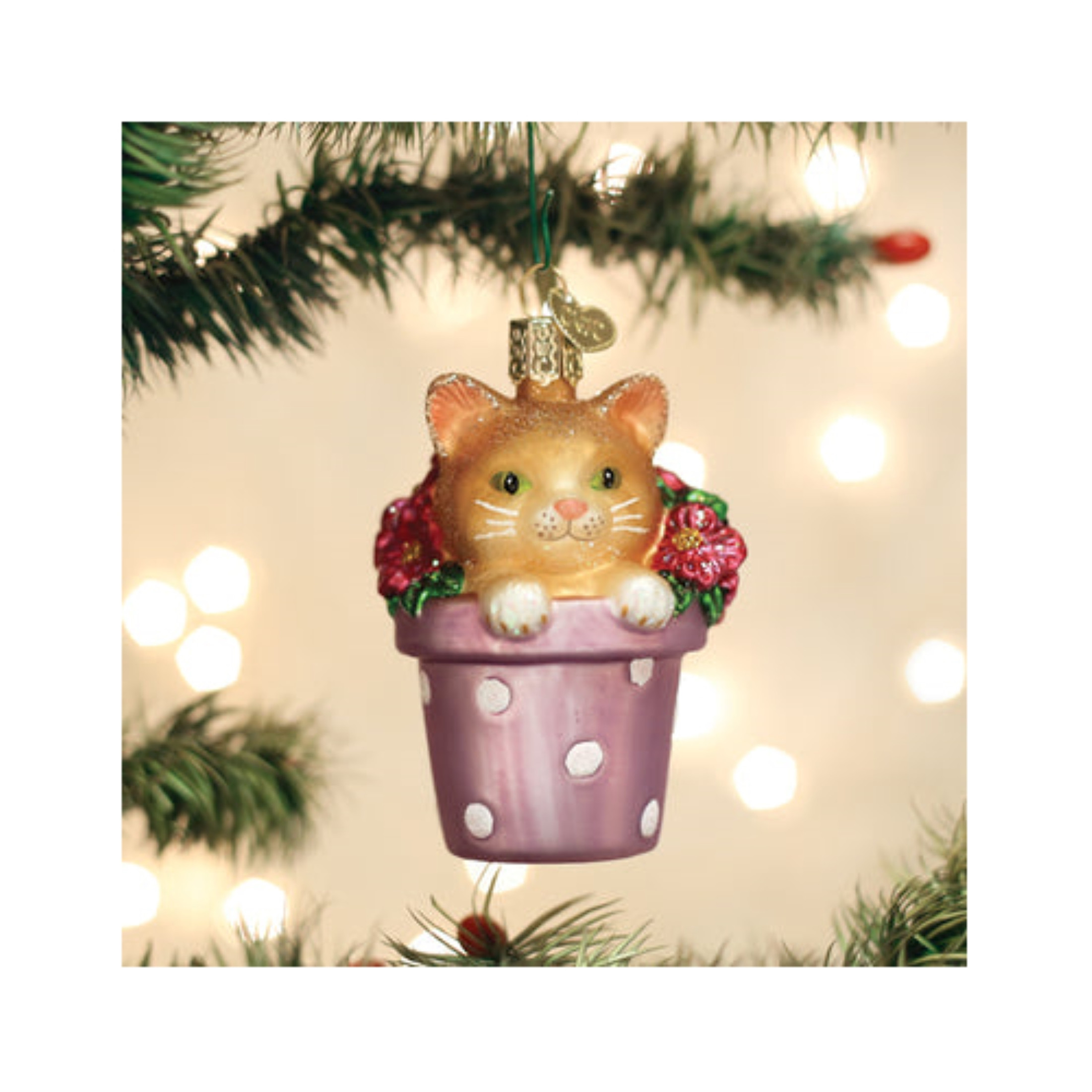 Old World Christmas Glass Blown Holiday Tree Ornament, Kitten in Flower Pot (With OWC Gift Box)