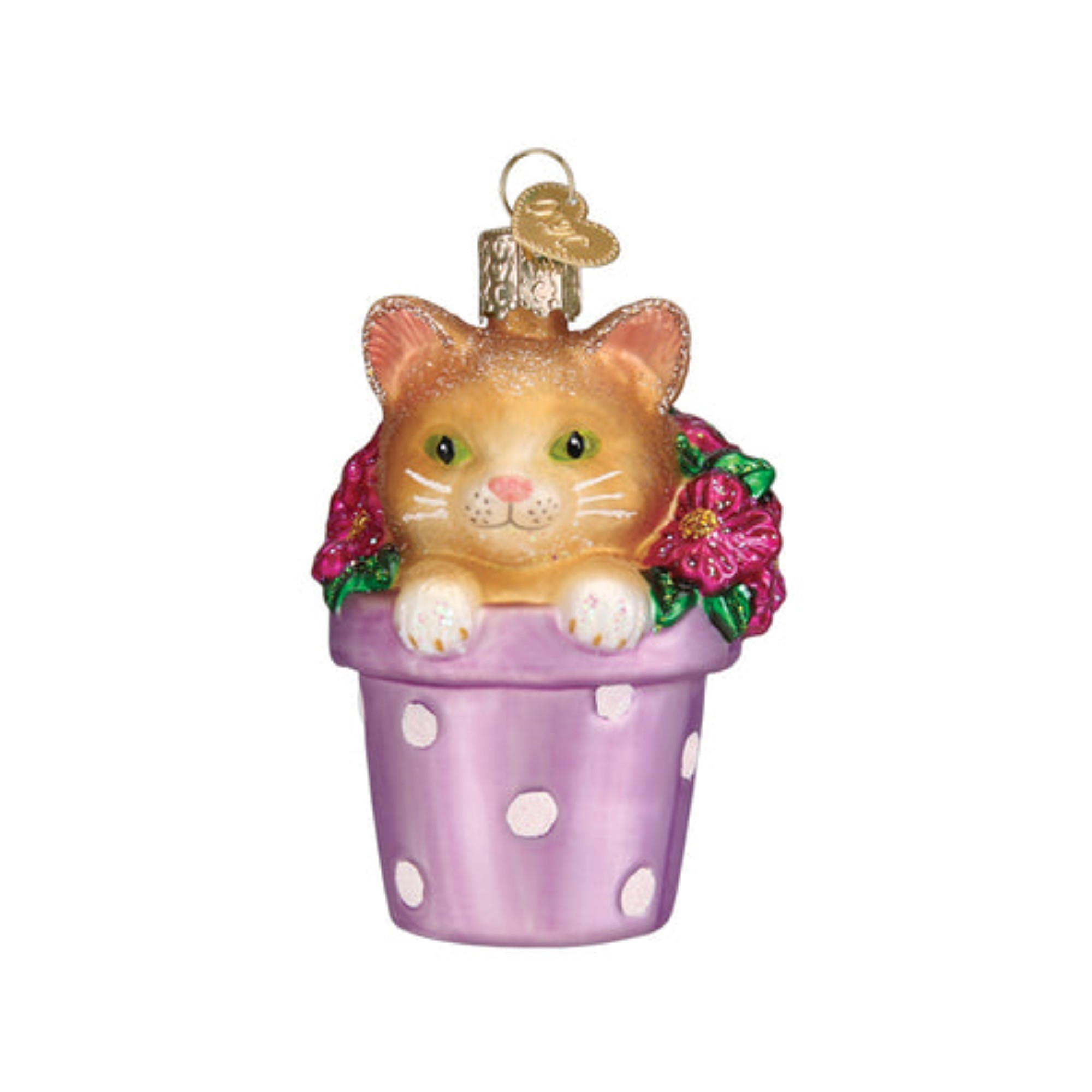 Old World Christmas Glass Blown Ornament for Christmas Tree, Kitten in Flower Pot