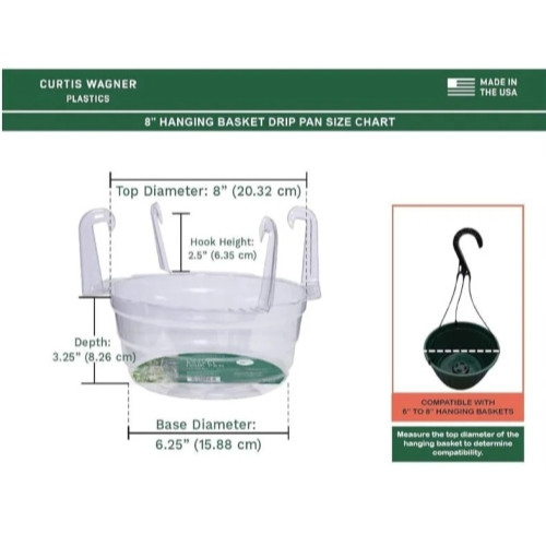 Curtis Wagner Plastics Hanging Basket Drip Pan with 4 Molded Hooks, Clear — 8"
