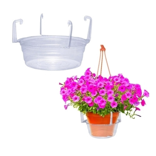 Curtis Wagner Plastics Hanging Basket Drip Pan with 4 Molded Hooks, Clear — 8"