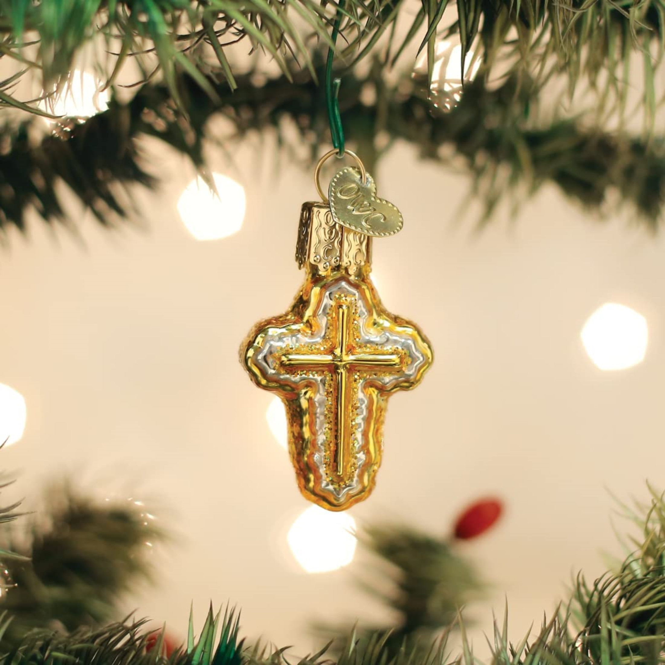Old World Christmas Mini Blown Glass Cross Ornament Gold, 2"