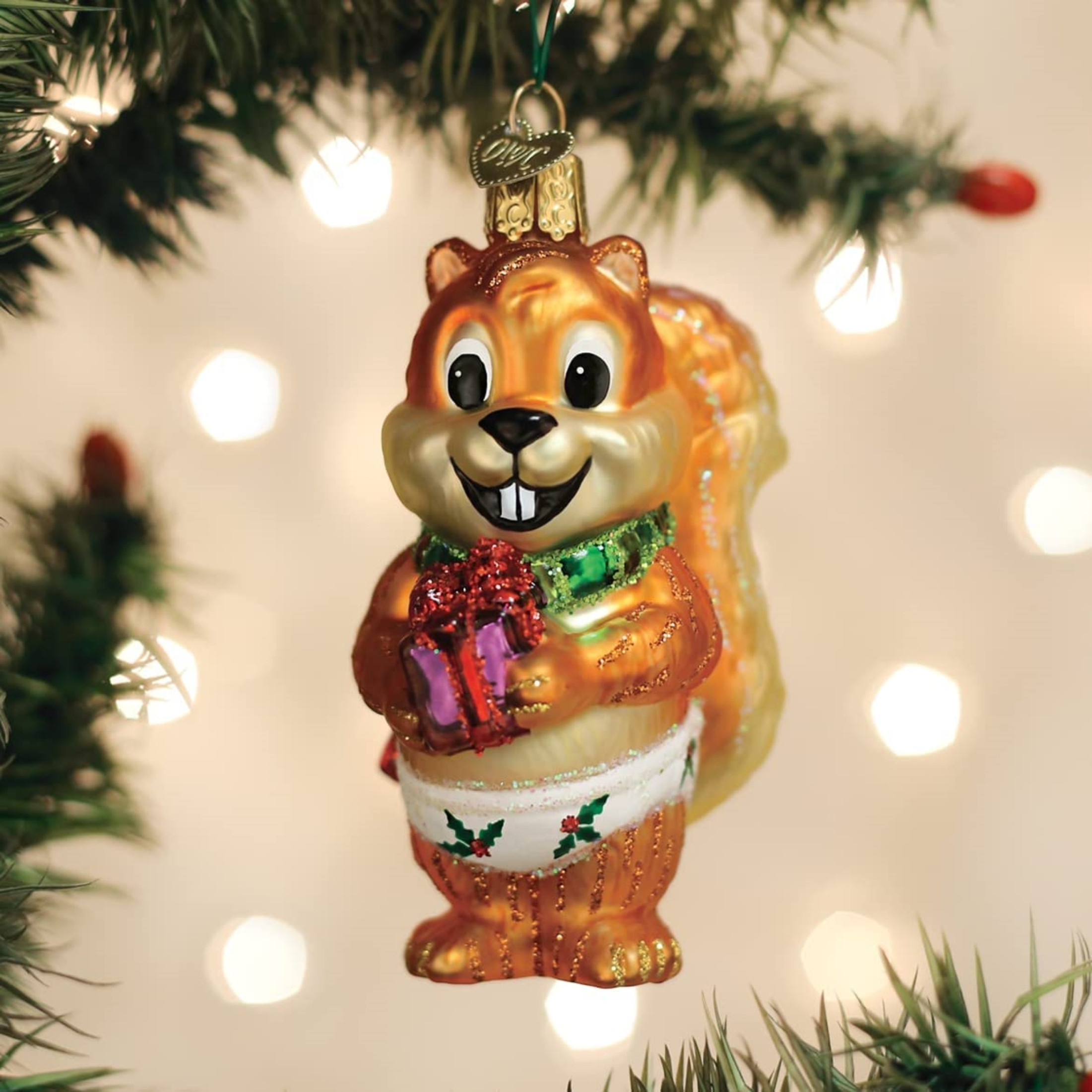 Old World Christmas Glass Blown Christmas Ornament, Blown Silly Squirrel (With OWC Gift Box)