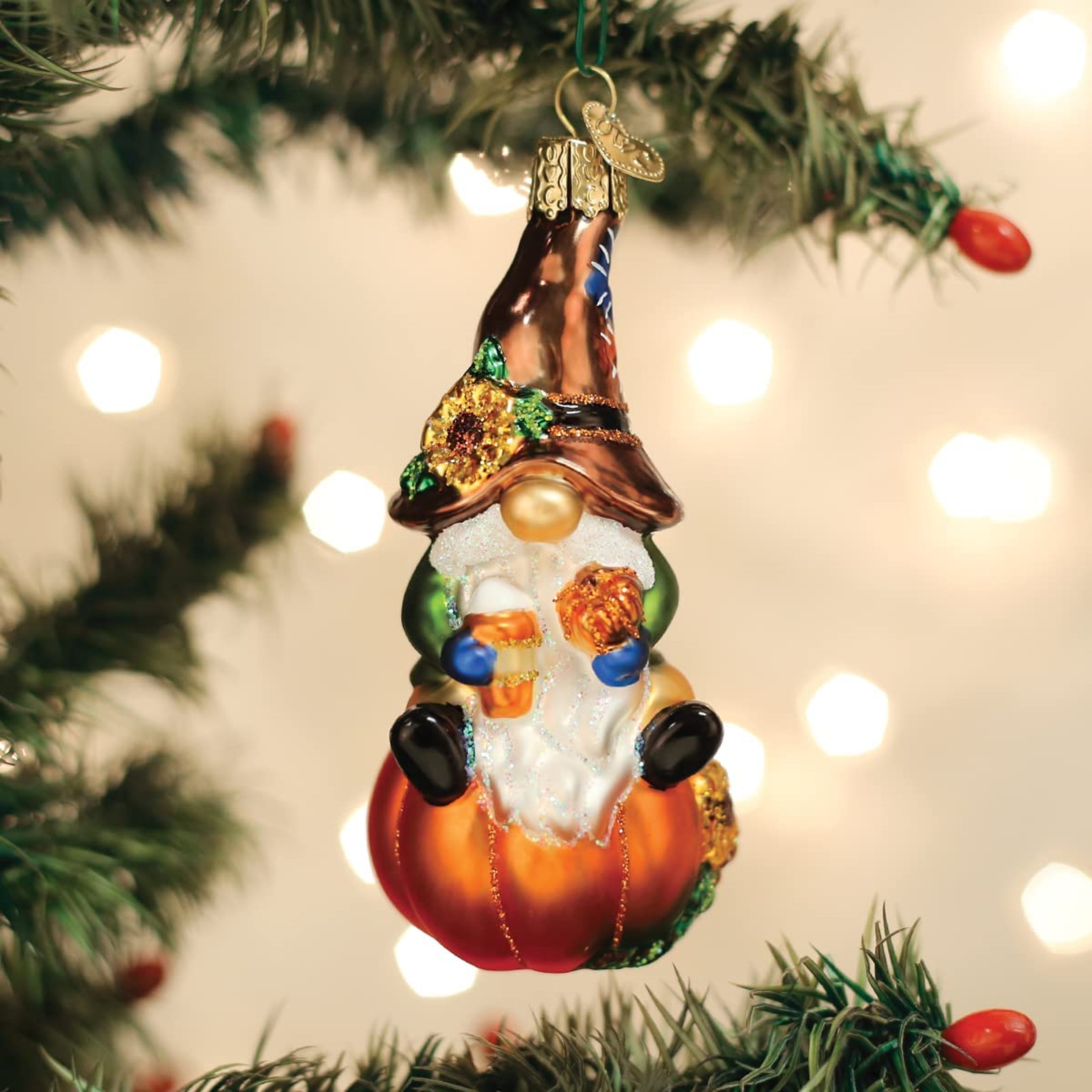Old World Christmas Glass Blown Ornament, Fall Harvest Gnome, 4" (With OWC Gift Box)