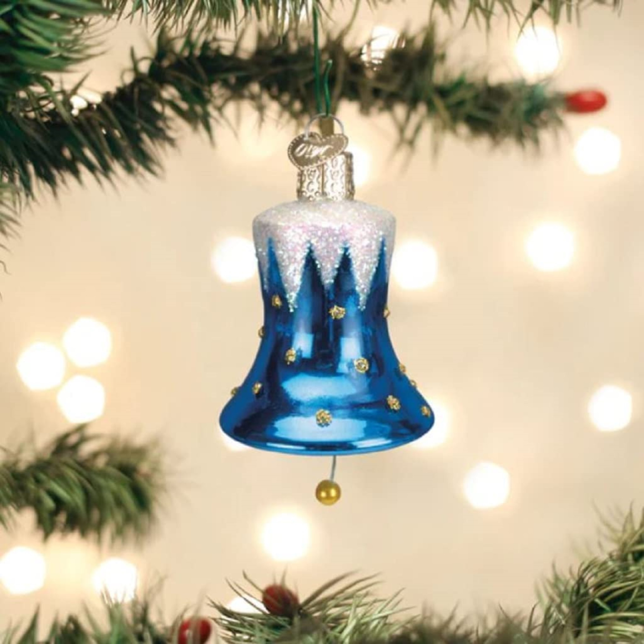 Old World Christmas Glass Blown Ornament, Snowcapped Bell Blue, 2.5" (With OWC Gift Box)