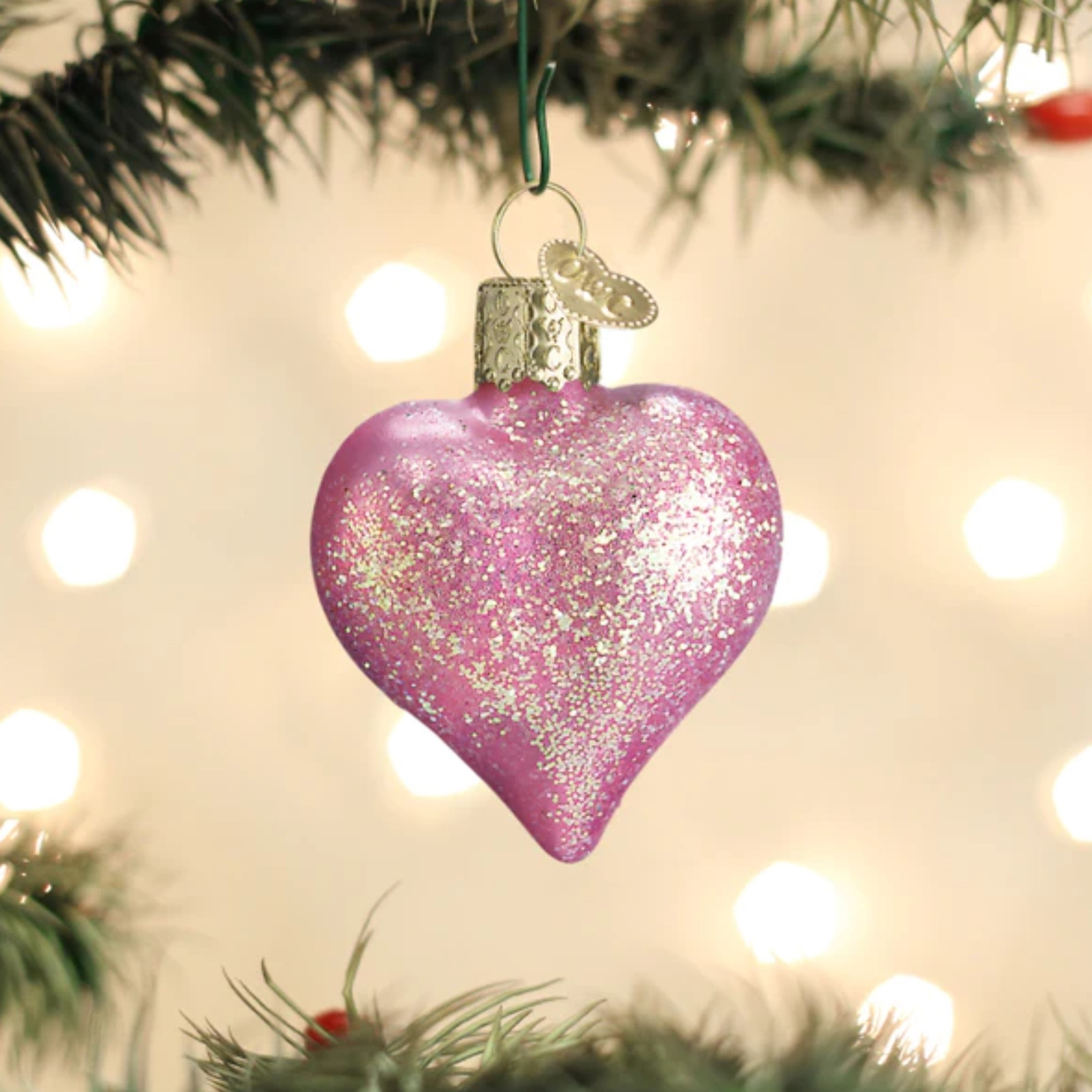 Old World Christmas Glass Blown Ornament for Christmas Tree, Heart Pink
