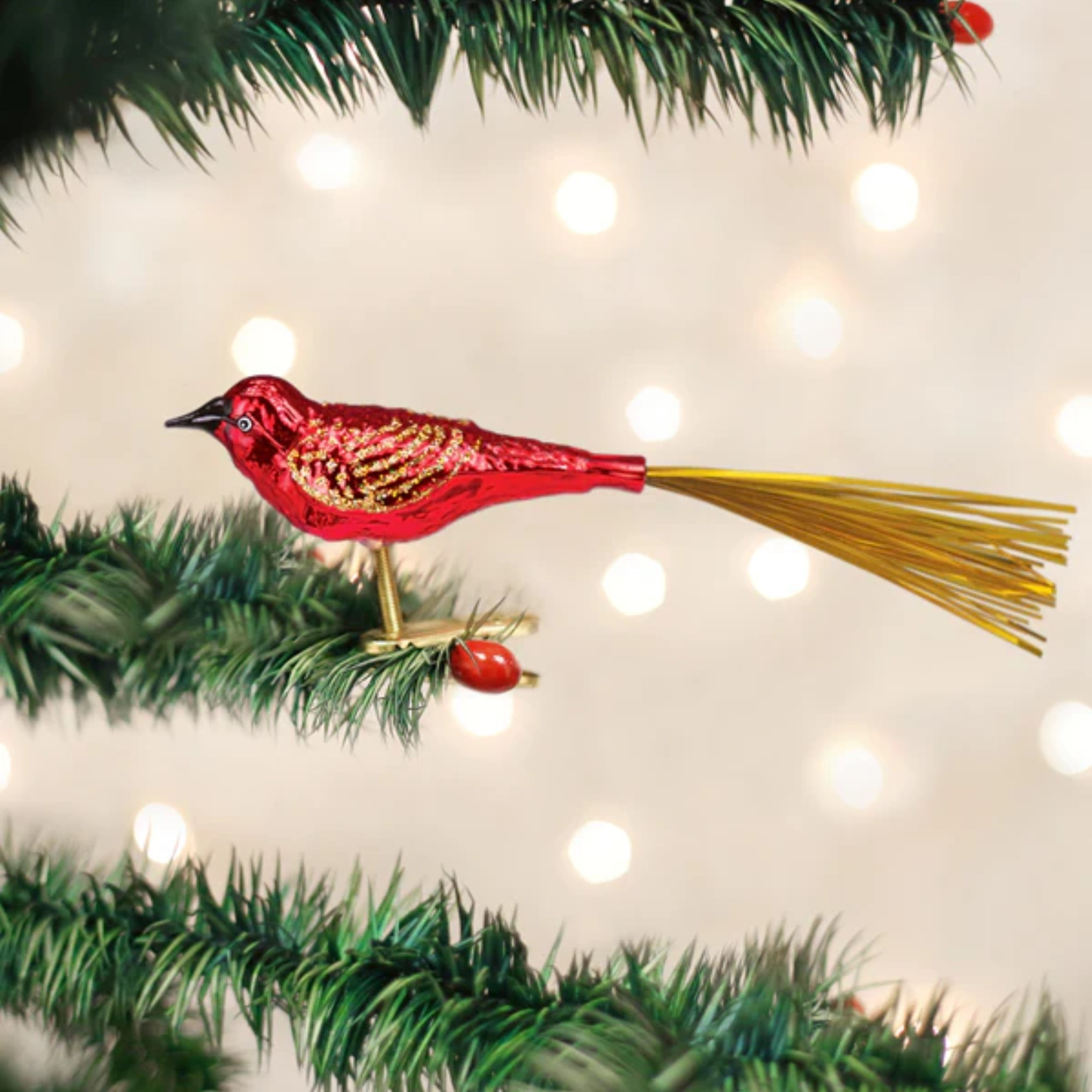 Old World Christmas Glass Blown Clip On Ornament, Red Lovebird, 5" (With OWC Gift Box)