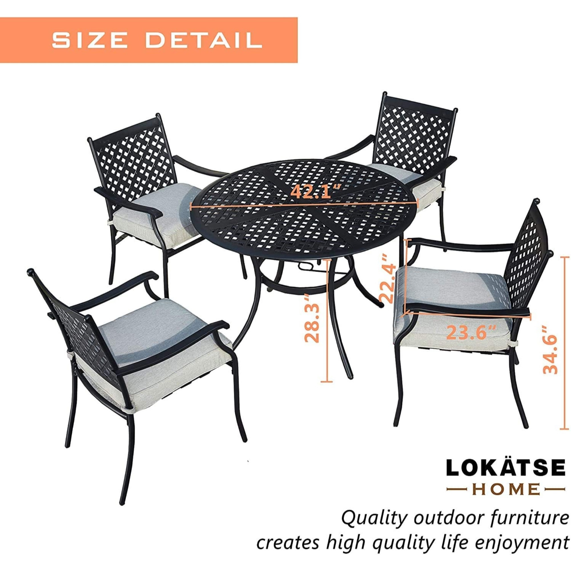 Garden Elements 5-Piece Outdoor Patio Set – 42" Table & 4 Chairs & Cushions, Powder-Coated Steel, Black/Gray