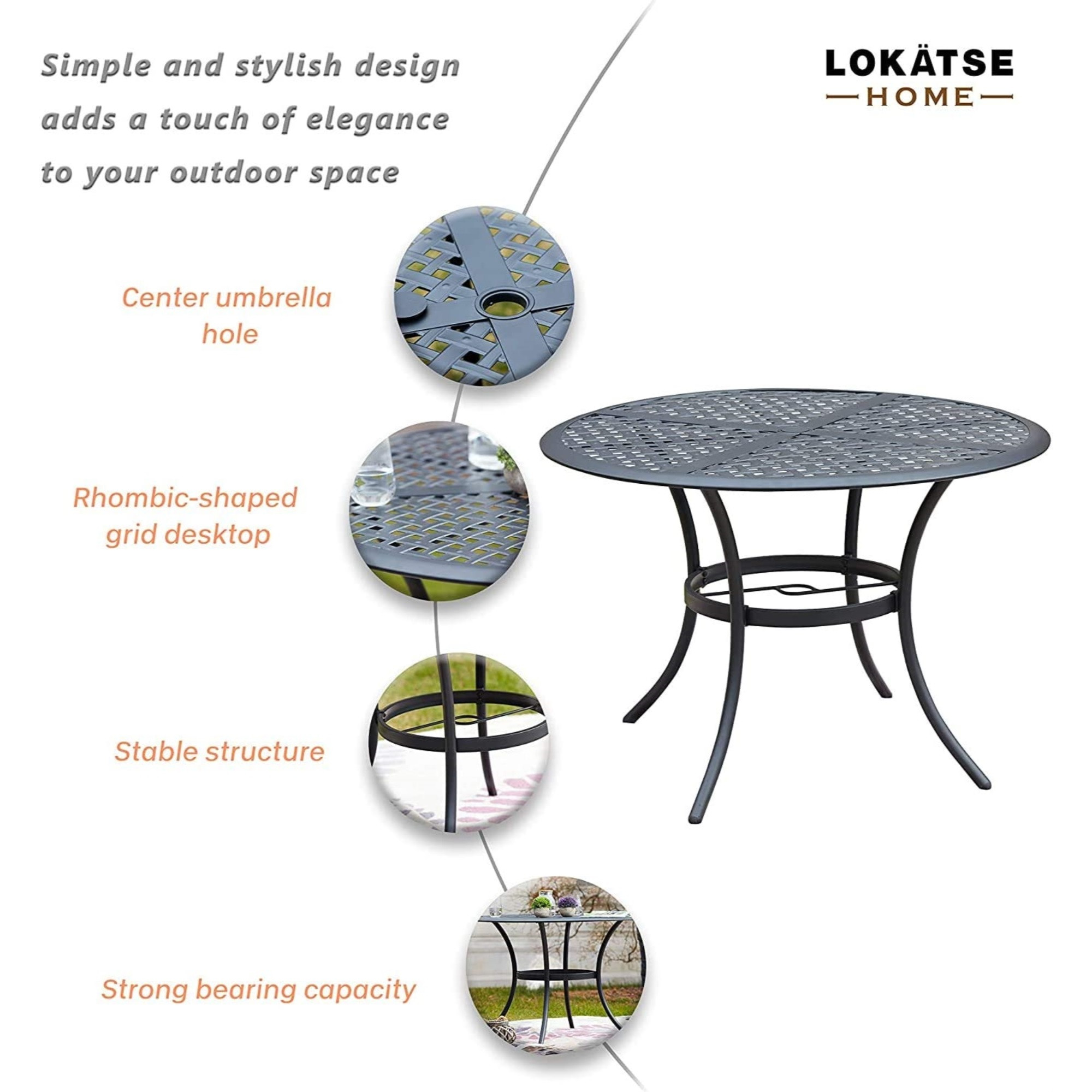 Garden Elements 5-Piece Outdoor Patio Set – 42" Table & 4 Chairs & Cushions, Powder-Coated Steel, Black/Gray