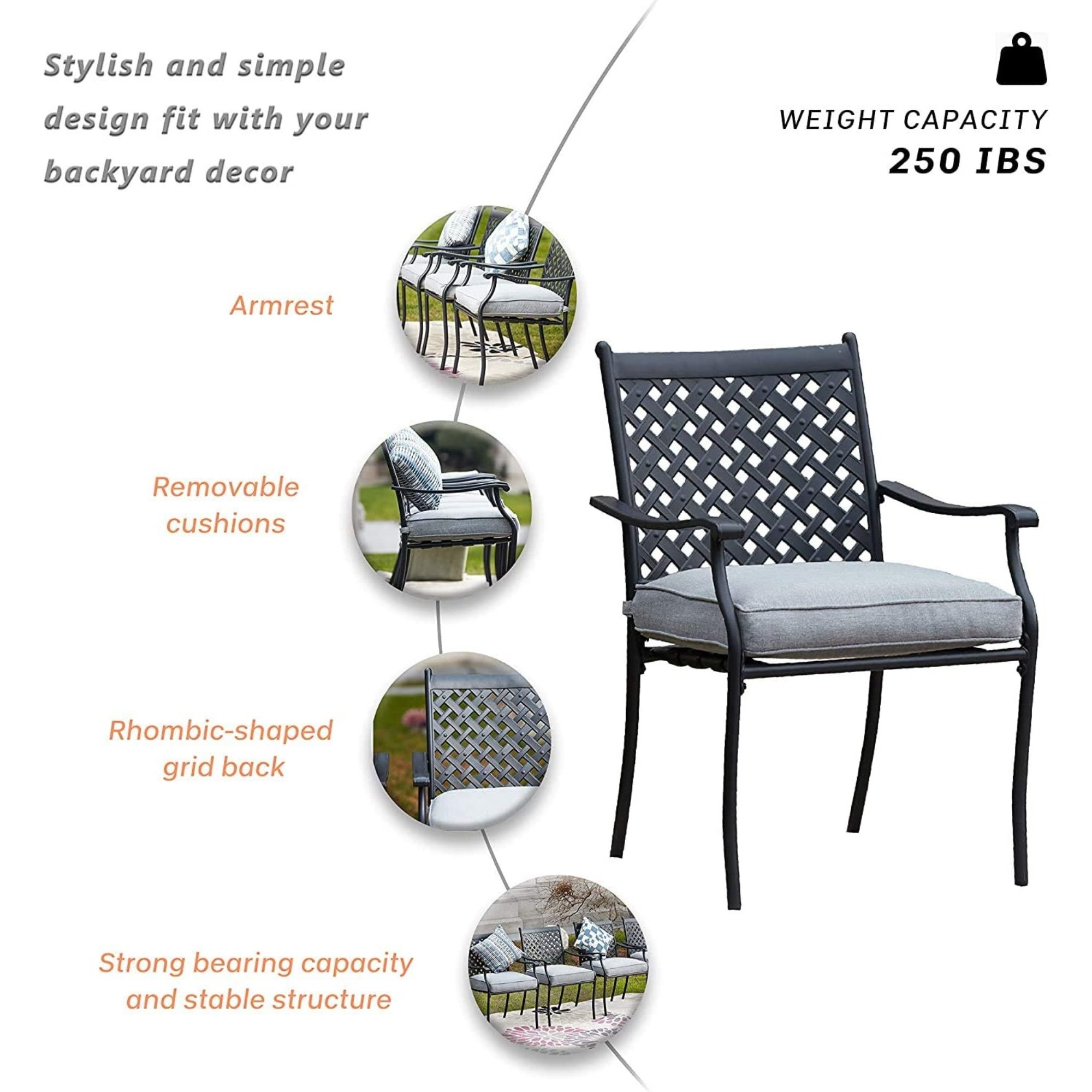 Garden Elements 5-Piece Outdoor Patio Set – 42" Table & 4 Chairs & Cushions, Powder-Coated Steel, Black/Gray