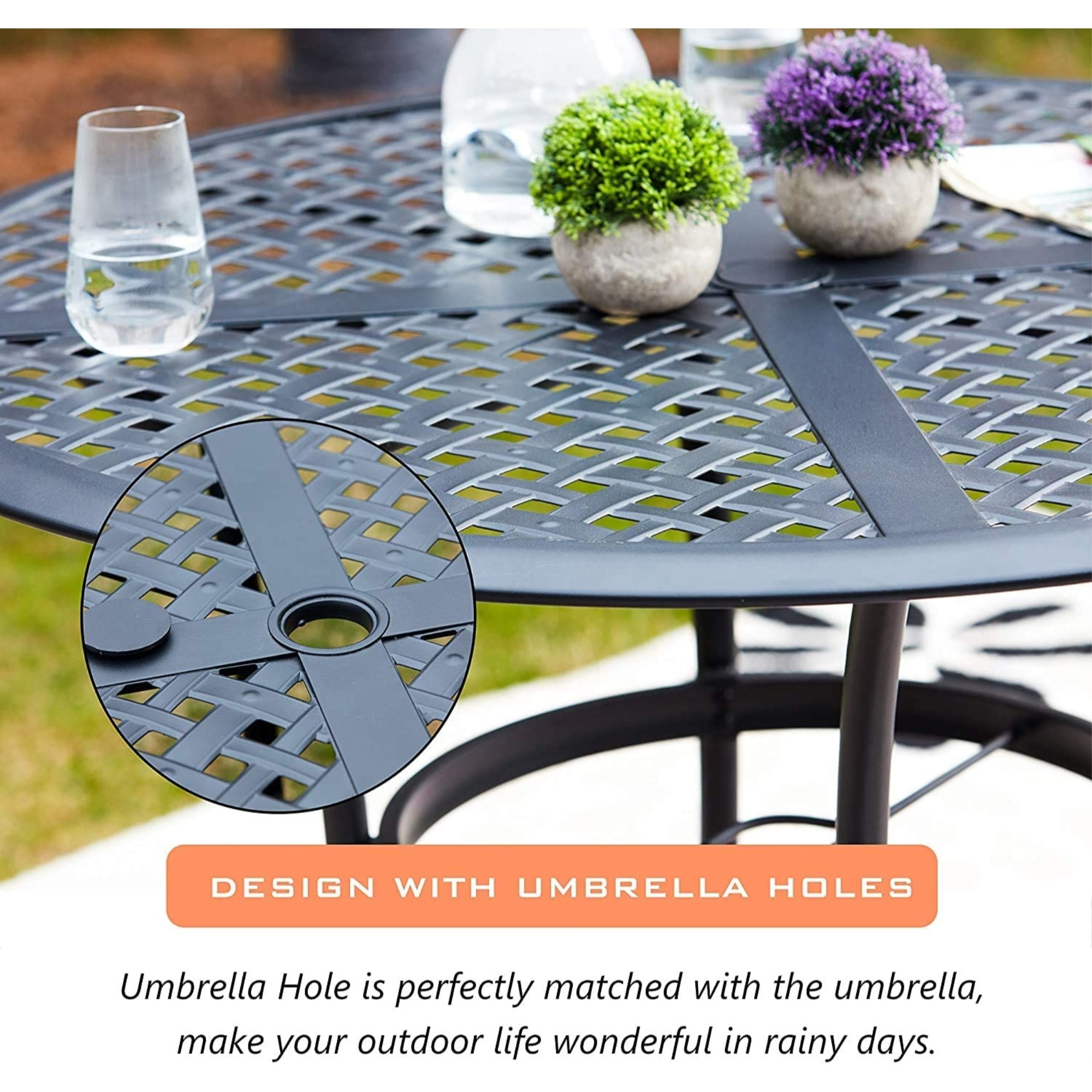 Garden Elements 5-Piece Outdoor Patio Set – 42" Table & 4 Chairs & Cushions, Powder-Coated Steel, Black/Gray