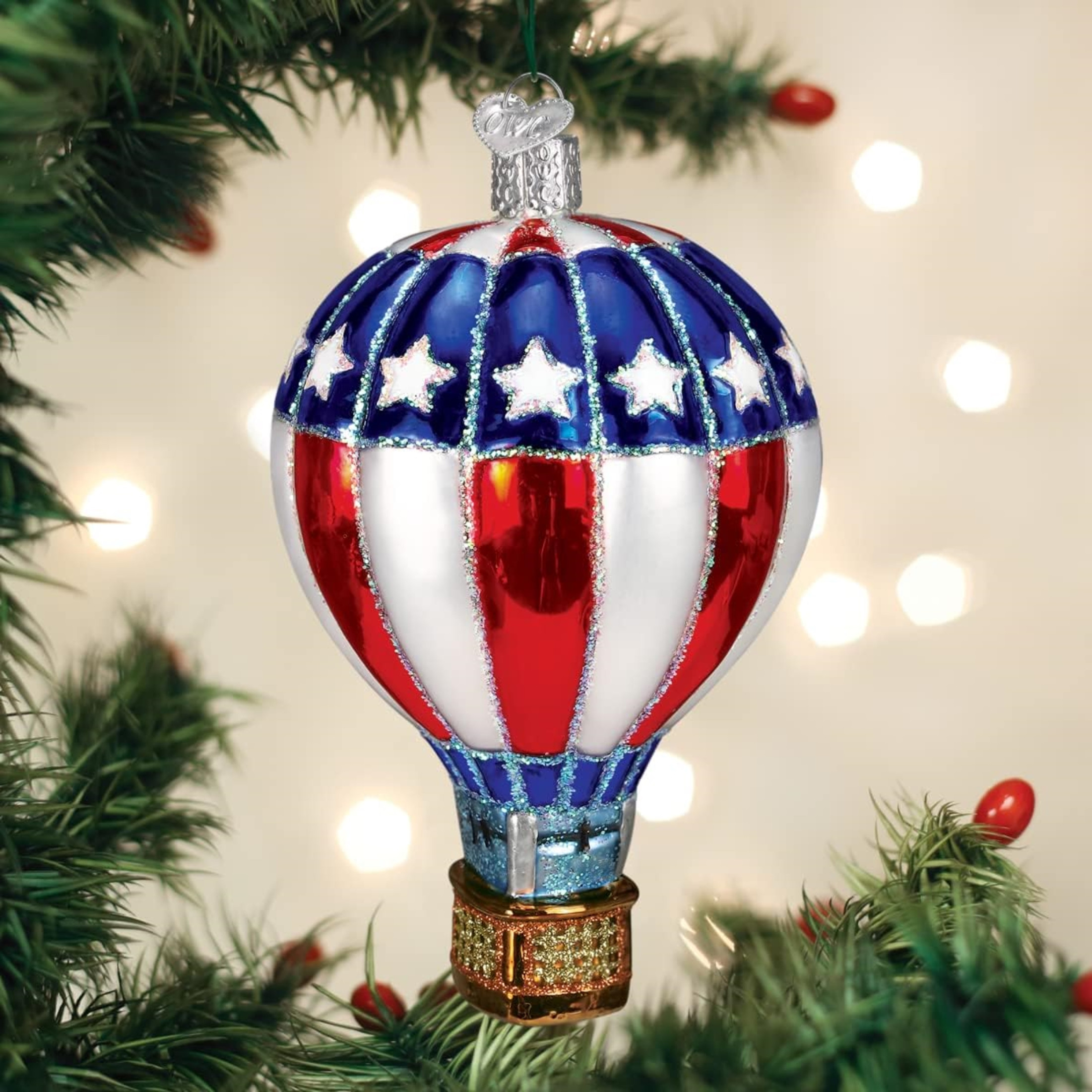 Old World Christmas Blown Glass Ornament for Christmas Tree, Patriotic Hot Air Balloon