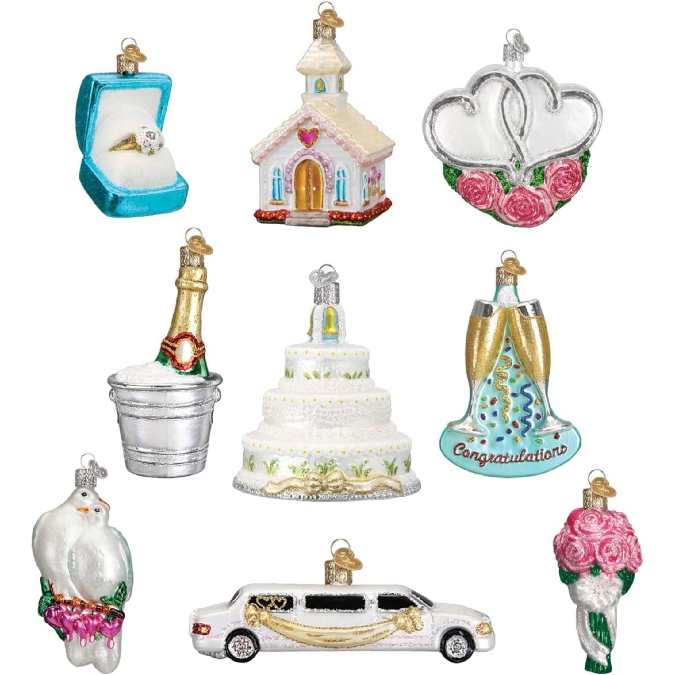 Old World Christmas Blown Glass Christmas Ornament, Just Married Collection 9-Piece Ornament Set