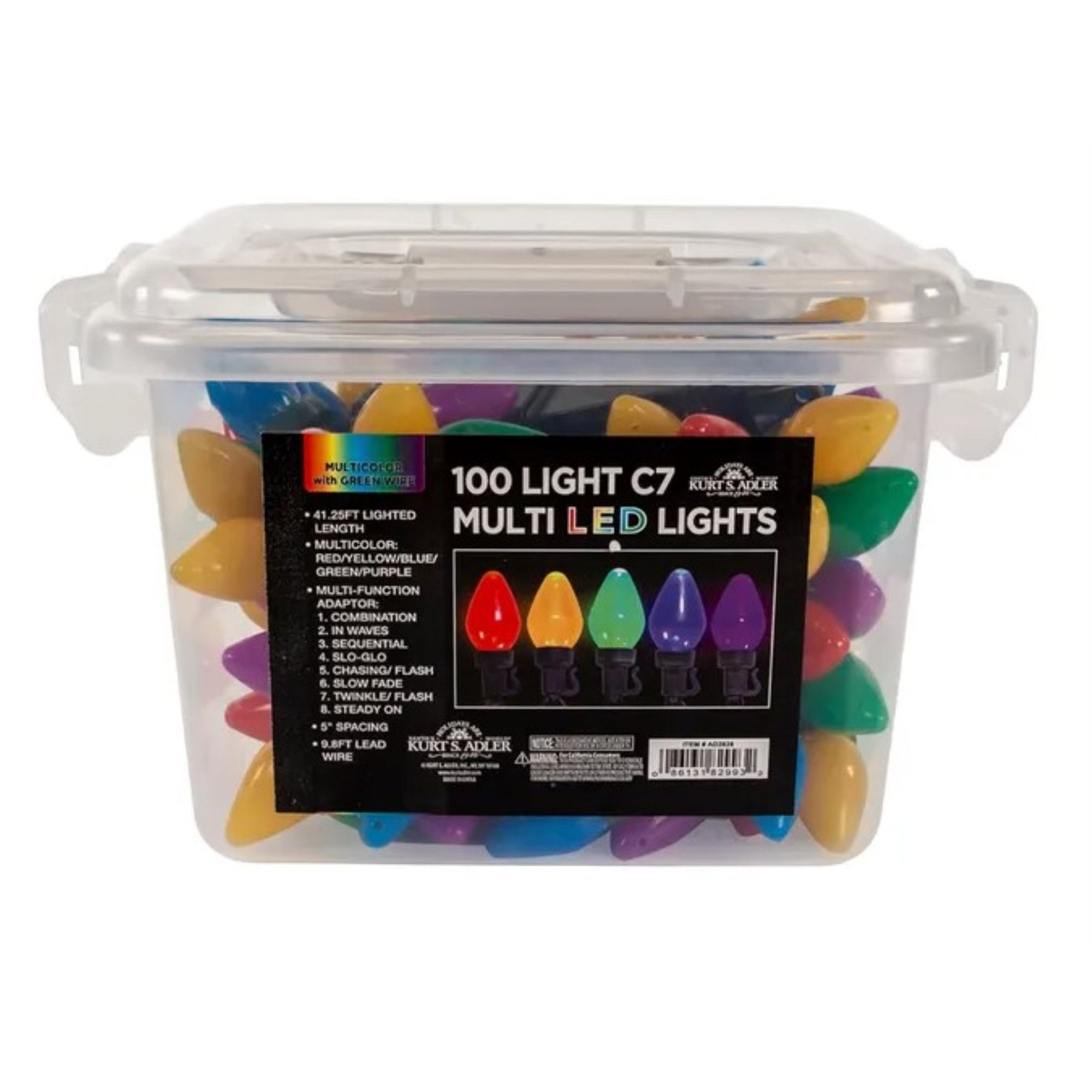 Kurt Adler Indoor & Outdoor 100-Light C7 Multicolor LED String Lights with 8 Light Settings – 41.25’ Lighted Length