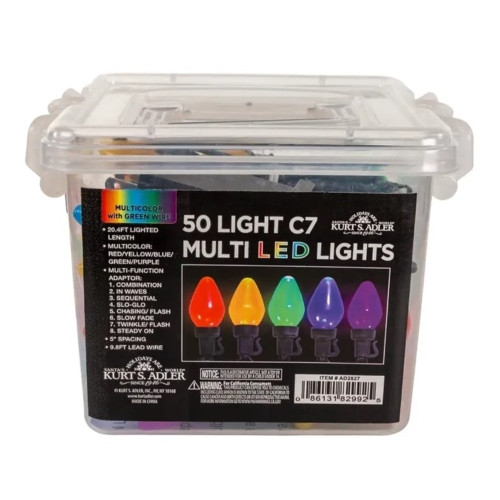Kurt Adler Indoor & Outdoor 50-Light C7 Multicolor LED String Lights with 8 Light Settings – 20.4’ Lighted Length