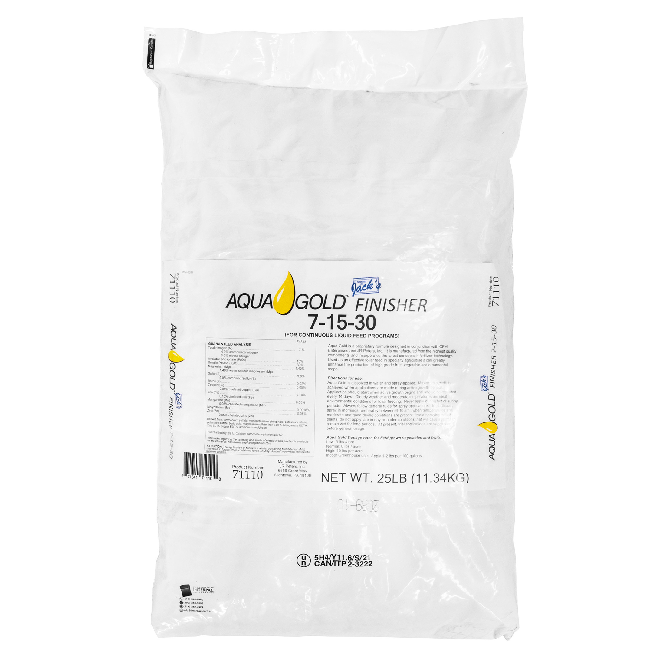 Jack's Aquagold Finisher 7-15-30 Hydroponic Fertilizer Powder for Liquid Feed Systems, 25 Pound Bag