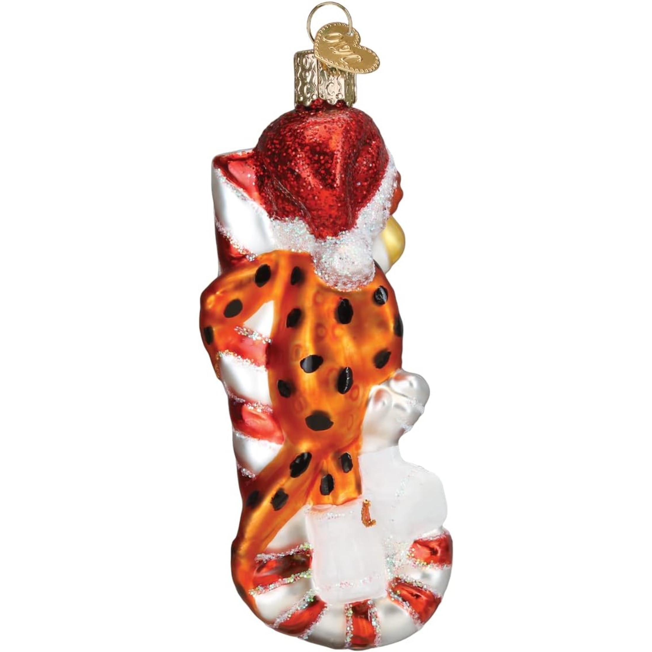 Old World Christmas Glass Blown Holiday Ornament, Chester Cheetah On Candy Cane (With OWC Gift Box)