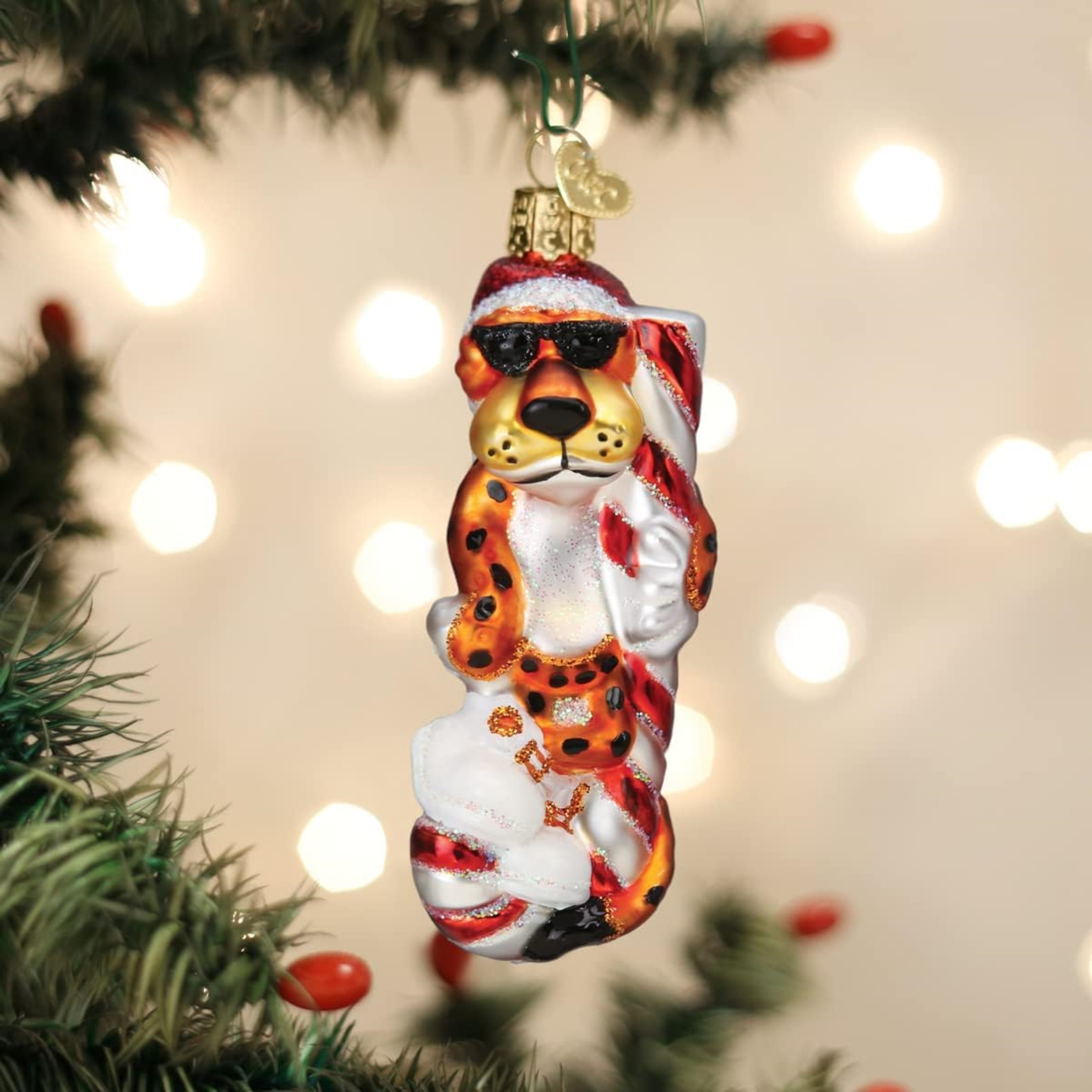 Old World Christmas Glass Blown Holiday Ornament, Chester Cheetah On Candy Cane (With OWC Gift Box)