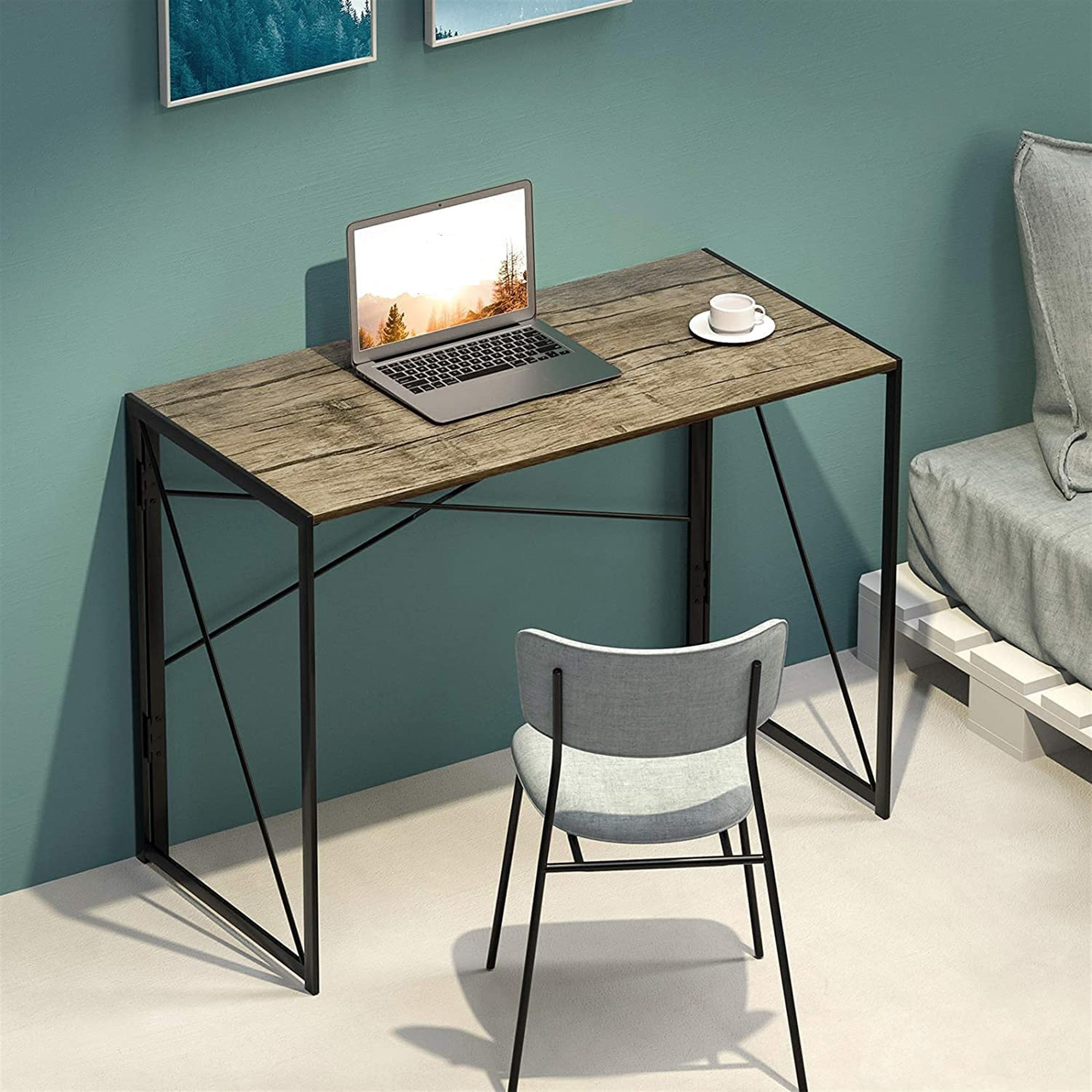 Interior Elements Folding Computer Desk – Small Space Home Office Desk in Light Brown Oak, 39"