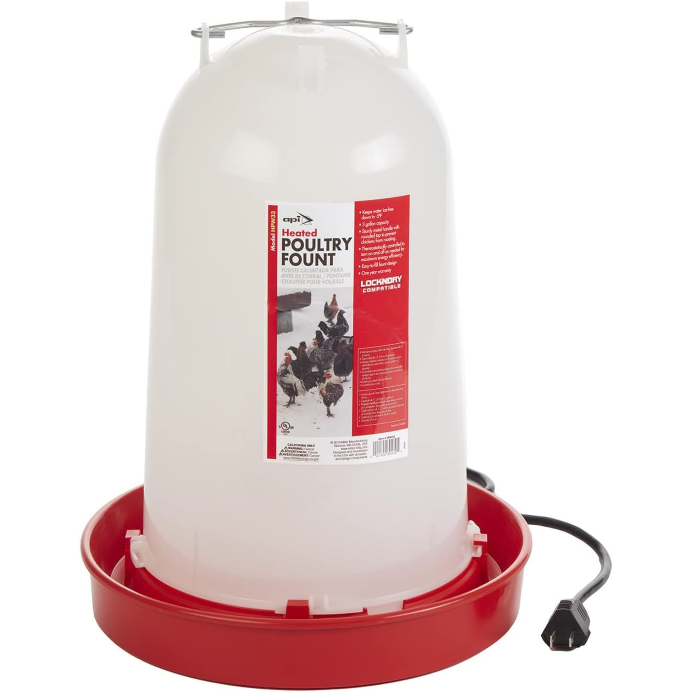 Miller Manufacturing Heated Poultry Waterer with Metal Handle, 3 Gallon