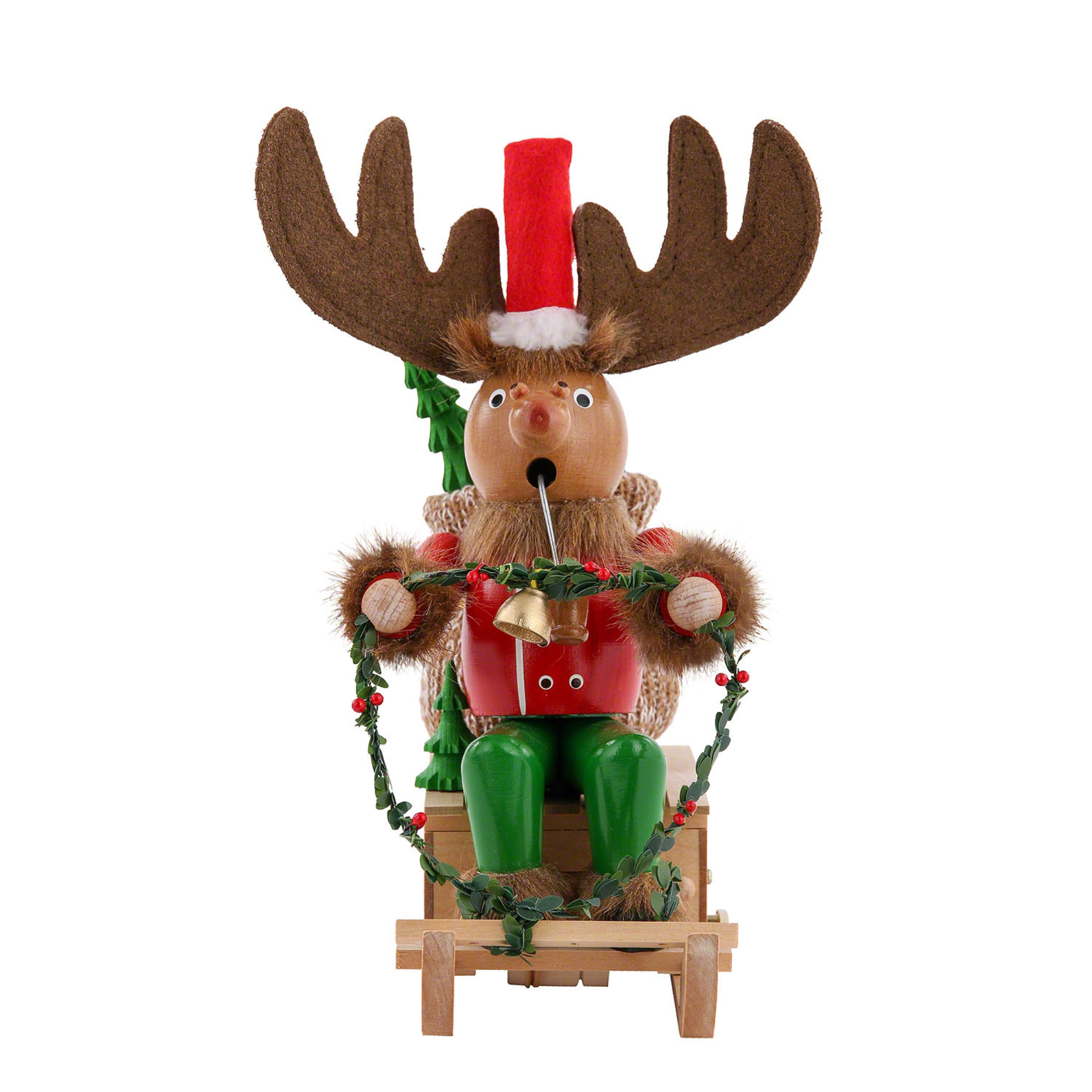 Steinbach Wooden Incense Burning Smoker, Rudolph With Sleigh, 10"