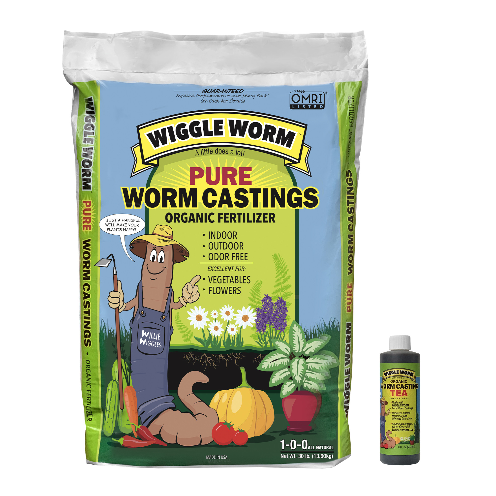 Wiggle Worm Fertilizer Combo Pack – 30lb Pure Worm Castings Fertilizer and Soil Amendment and 8oz Worm Casting Tea Concentrate for Indoor and Outdoor Gardening