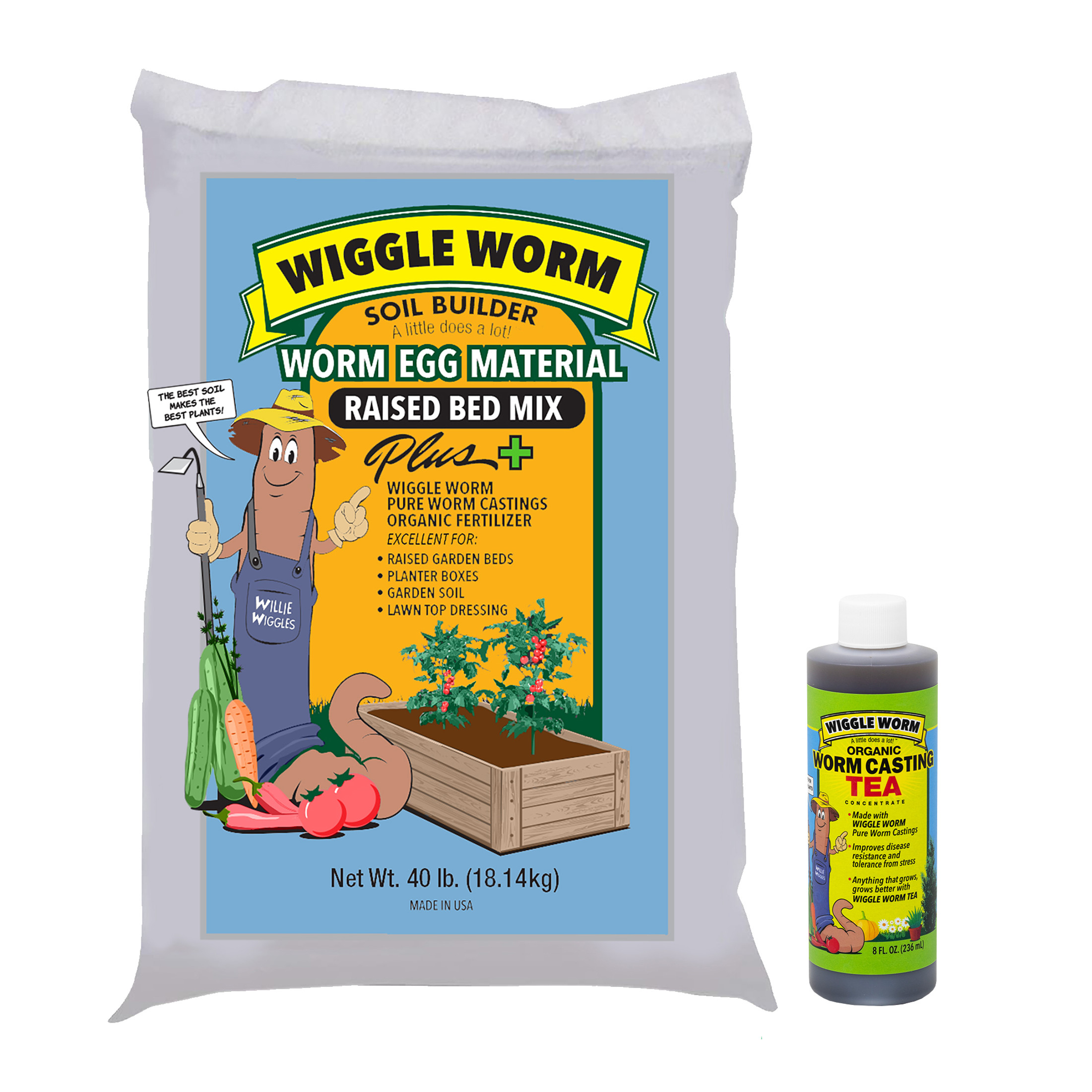 WIGGLE WORM Soil Builder Worm Egg Material Raised Bed Mix For Gardening, 40 Pound Bag, and WIGGLE WORM Castings Tea, 8 Ounce