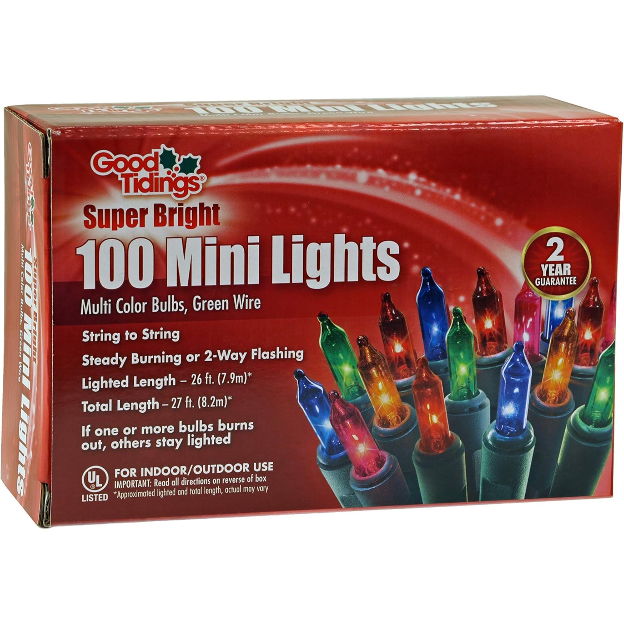 Good Tidings Indoor & Outdoor SuperBright Colored Christmas Light Set, 100 Mini Bulbs on Green Wire, 27'