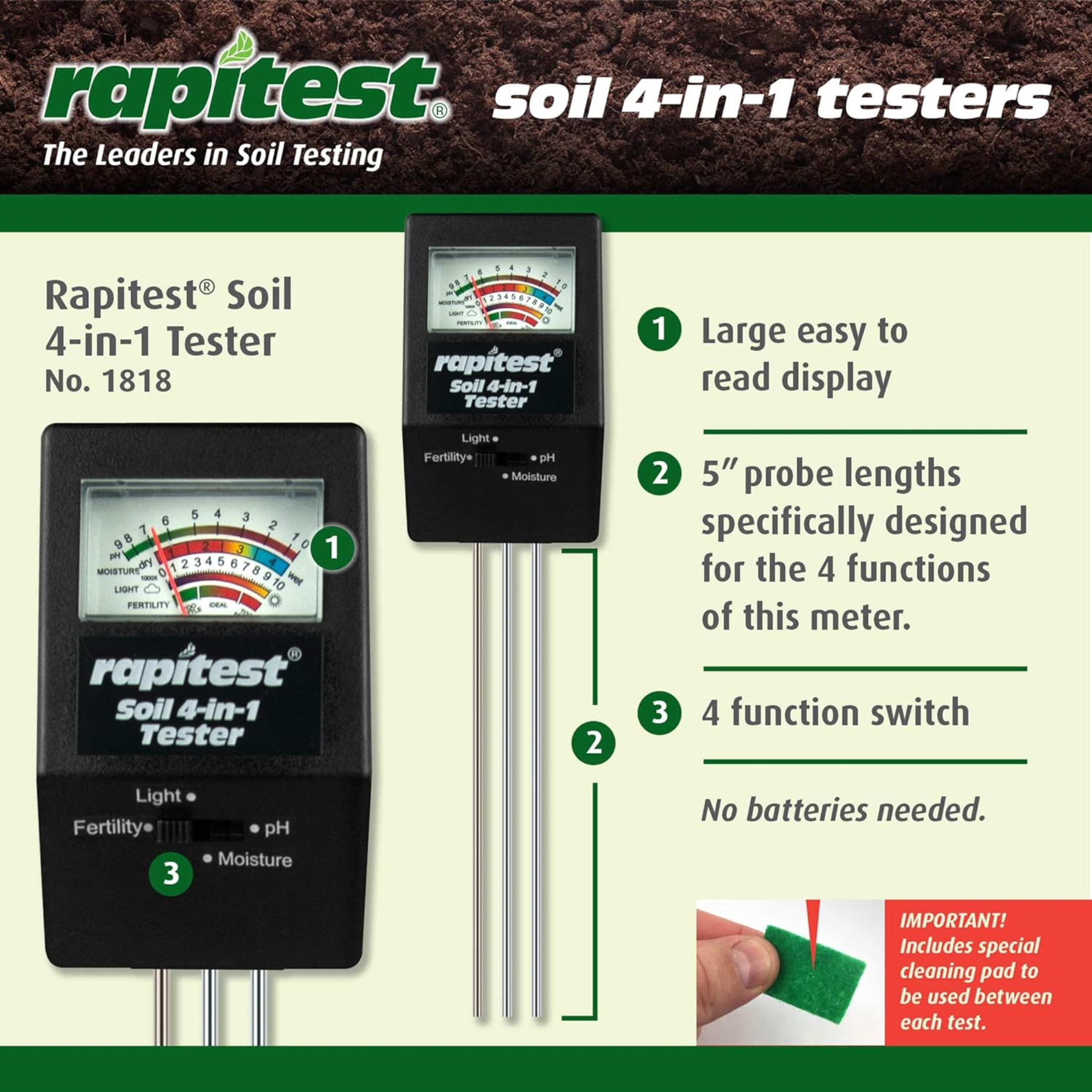 Luster Leaf Rapitest 4in1 Soil pH Moisture Fertility Light Tester, Use for Flowers, Veggies/Fruit and Landscape Plants