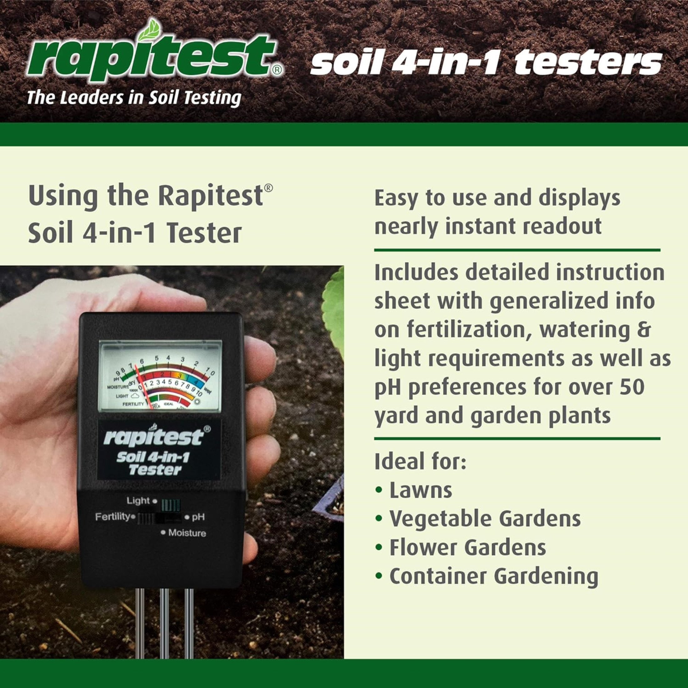 Luster Leaf Rapitest 4in1 Soil pH Moisture Fertility Light Tester, Use for Flowers, Veggies/Fruit and Landscape Plants