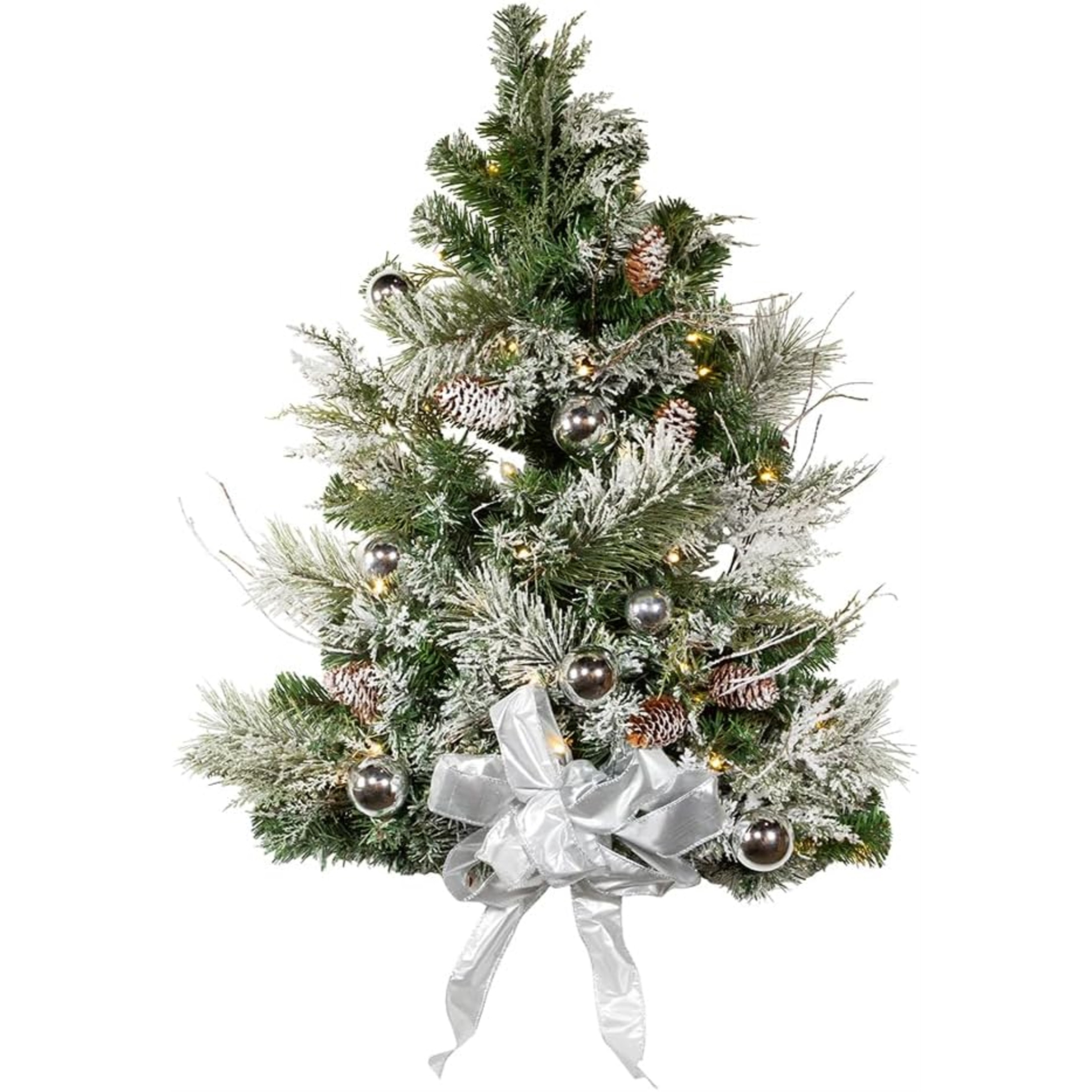 Kurt Adler Pre Lit Battery Operated Decorative Pinecone Wall Tree with Bow, White and Silver, 26in