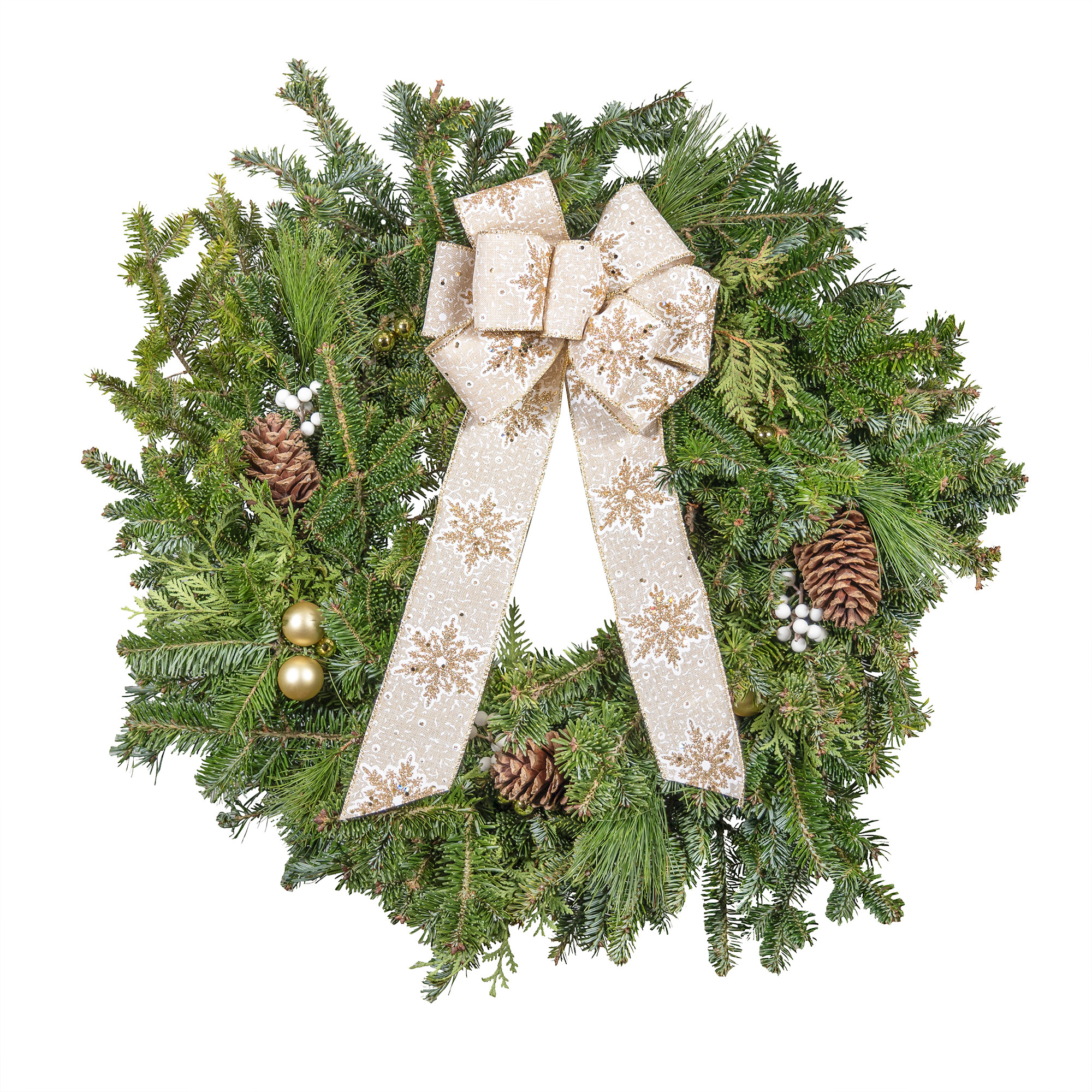 Garden Elements Fresh Christmas Live Frasier Fir Wreath with Bow & Accessories, White and Gold Snowflake, 22"