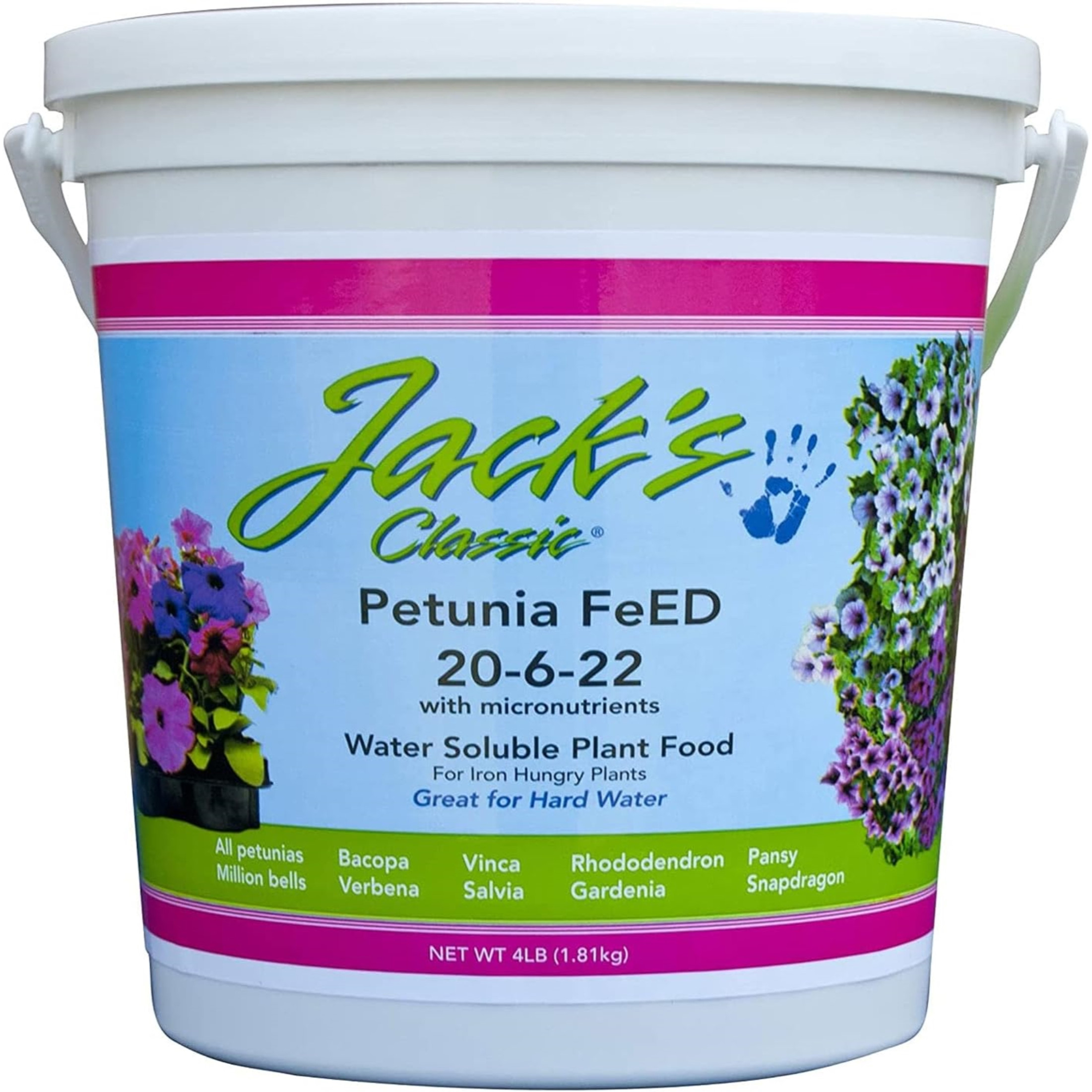 Jack's Classic 20-6-22 Petunia FeED Water Soluble Low Phosphorous Iron Booster Flower & Plant Food for Container Gardens and Hanging Baskets, 4 Pounds