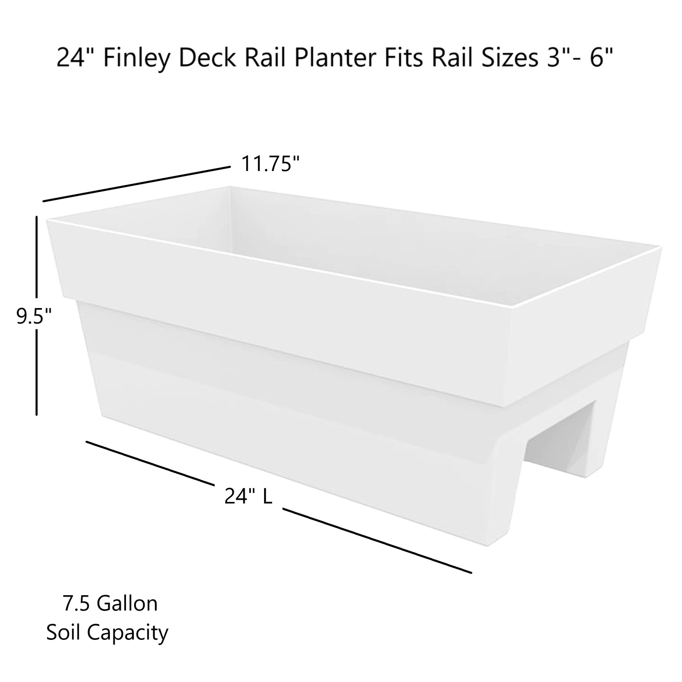 Bloem Indoor/Outdoor Recycled Plastic Finley Deck Rail Rectangle Planter Box, Fits Rail Sizes 3"-6", Casper White, 7.5 Gallon Capacity