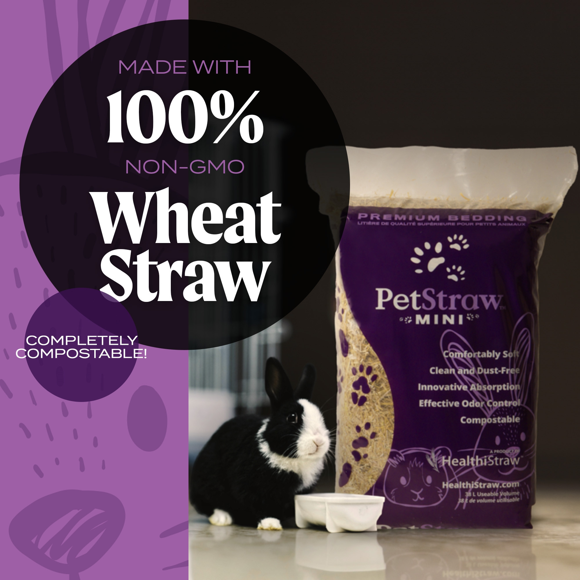 HealthiStraw PetStraw Mini Wheat Straw Bedding for Small Pets – Dust & Allergen-Free, Absorbent, Soft, Sustainable, 38 L (4 lbs)