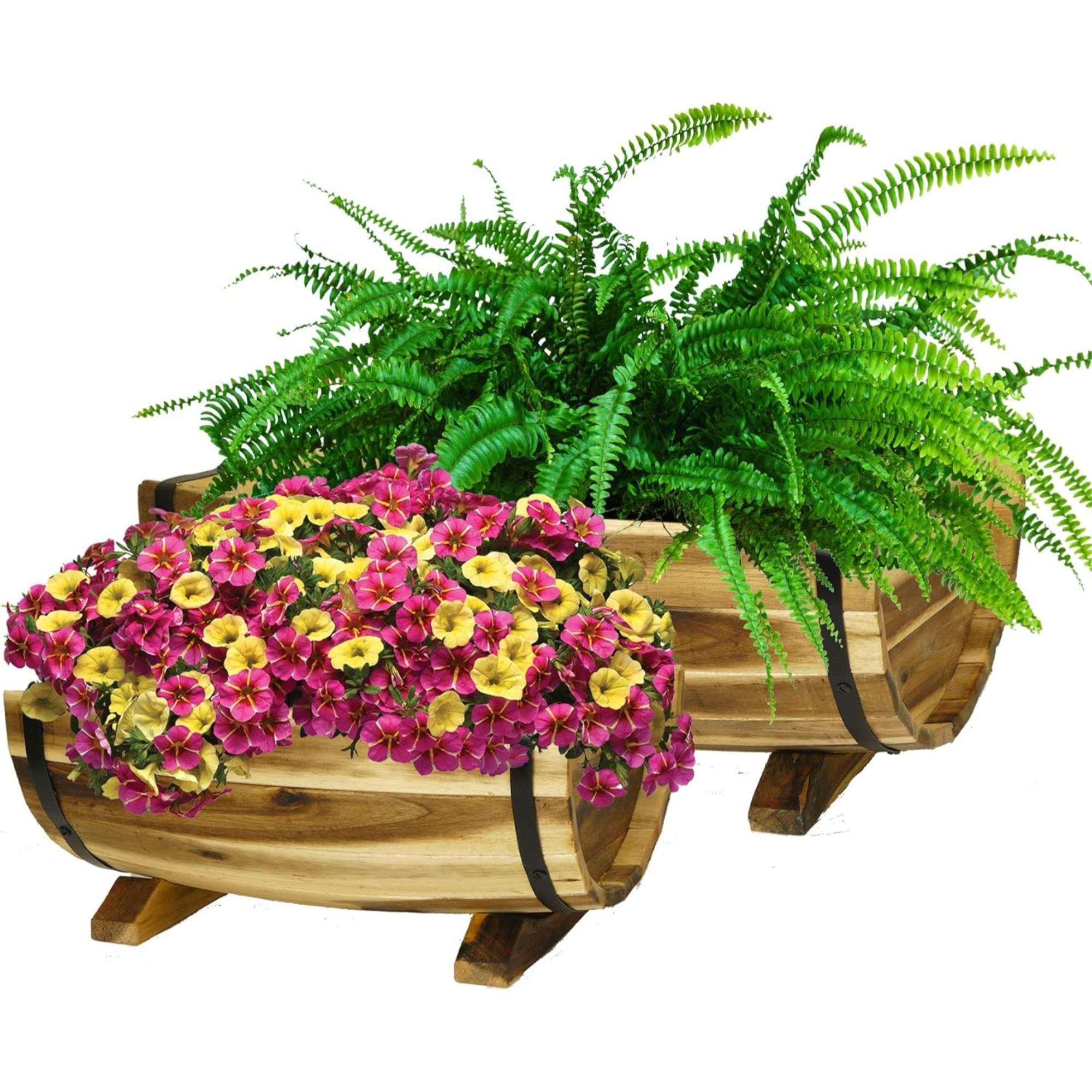 Classic Home and Garden Acacia Wood Footed Half-Barrel Planters with Metal Band — Assorted Sizes (Set of 2)