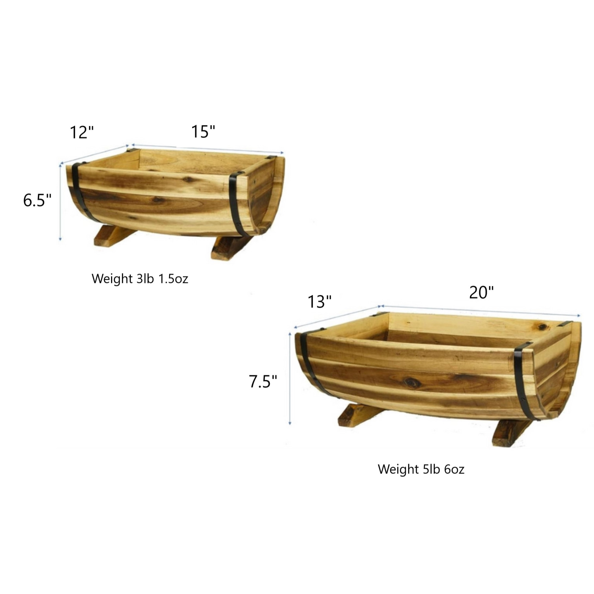 Classic Home and Garden Acacia Wood Footed Half-Barrel Planters with Metal Band — Assorted Sizes (Set of 2)
