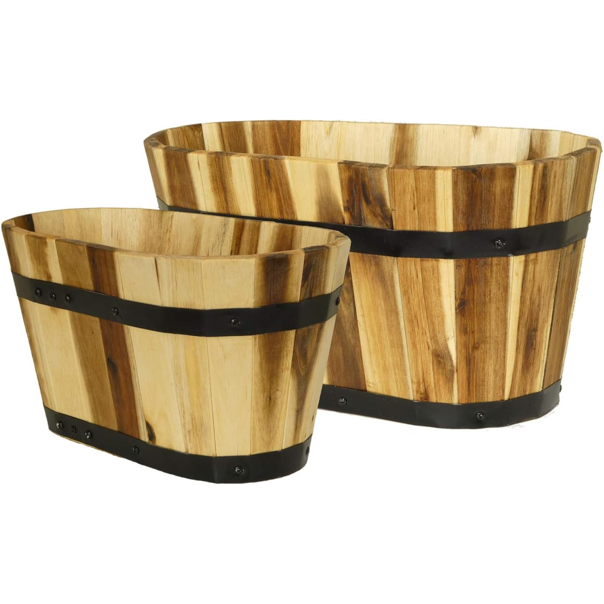 Classic Home and Garden Indoor/Outdoor Acacia Wood Oval Half-Barrel Planters with Metal Band — Assorted Sizes (Set of 2)
