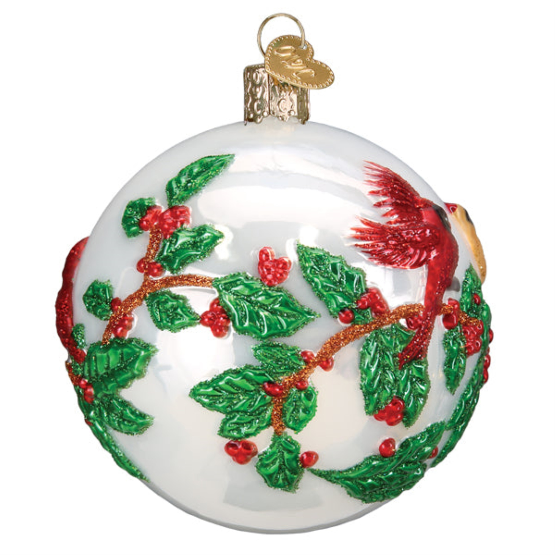 Old World Christmas Hanging Mouth-Blown Glass Ornament for Trees, Holly Berry Birds Round Ball, 3.5"