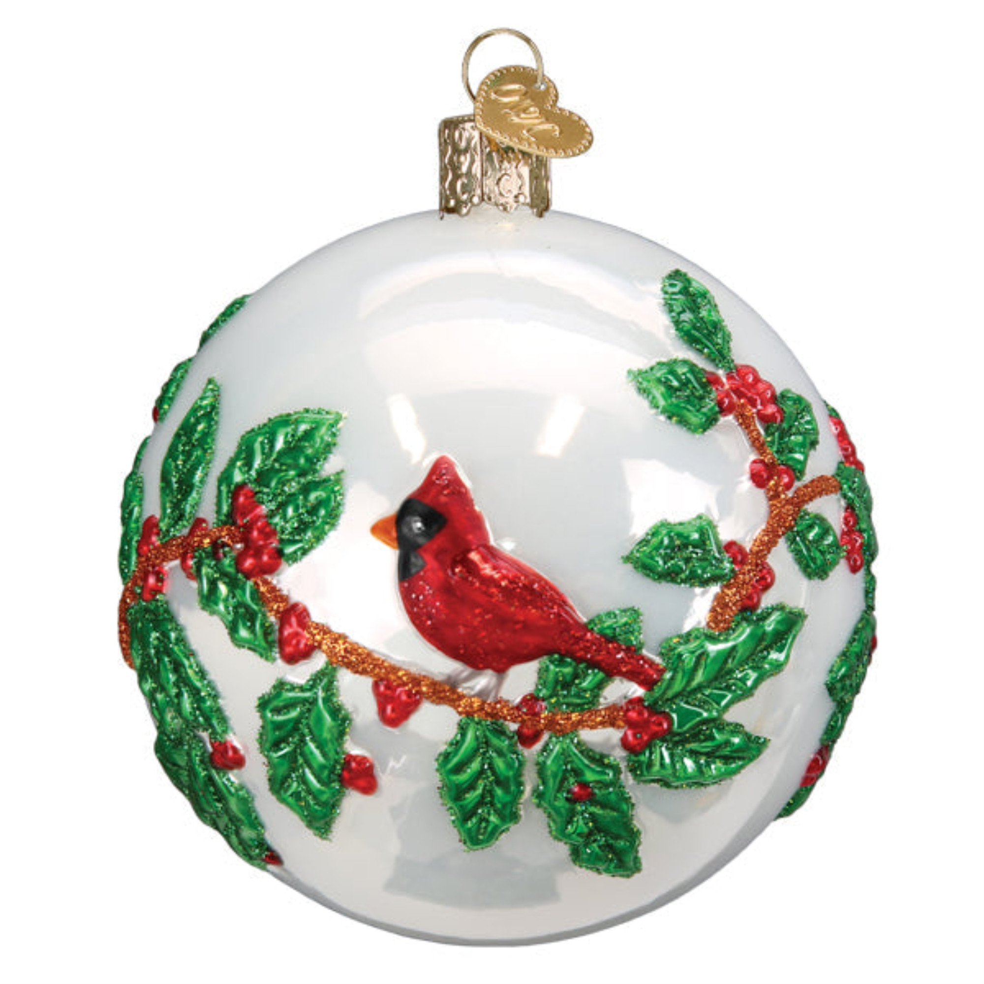 Old World Christmas Blown Glass Ornament for Christmas Tree, Holly Berry Birds Round