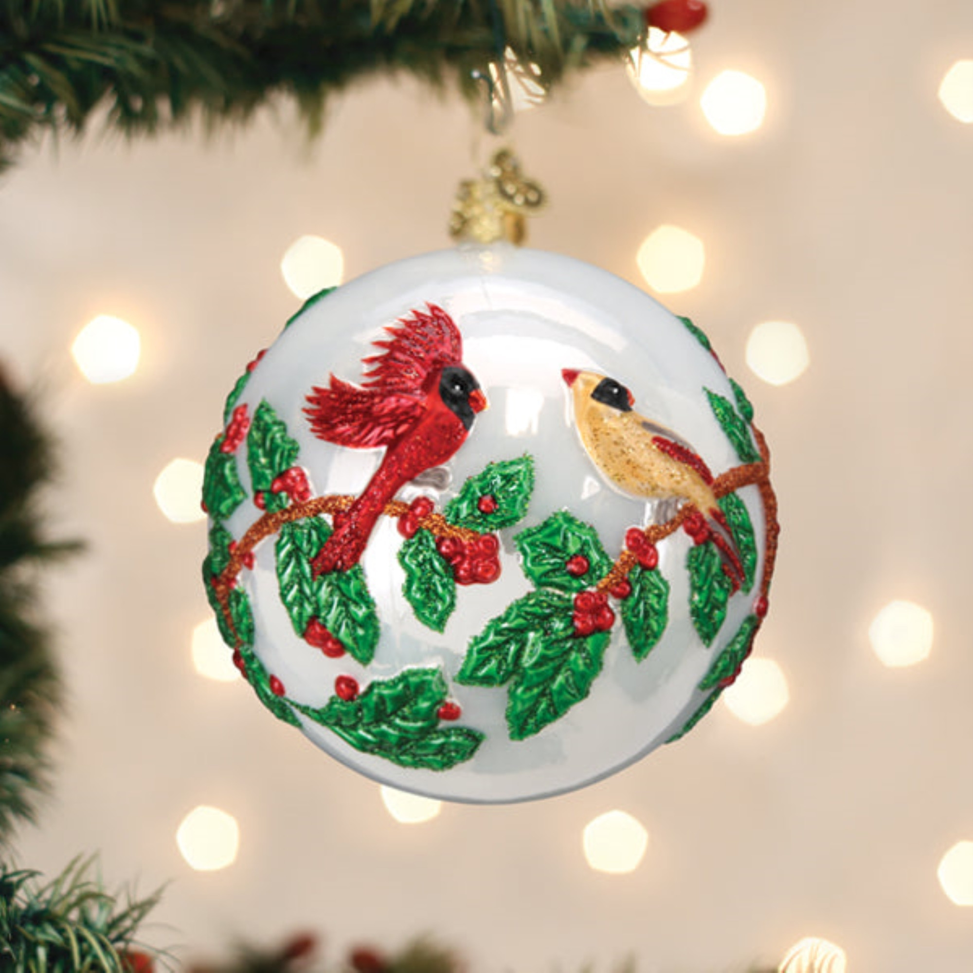 Old World Christmas Blown Glass Ornament for Christmas Tree, Holly Berry Birds Round