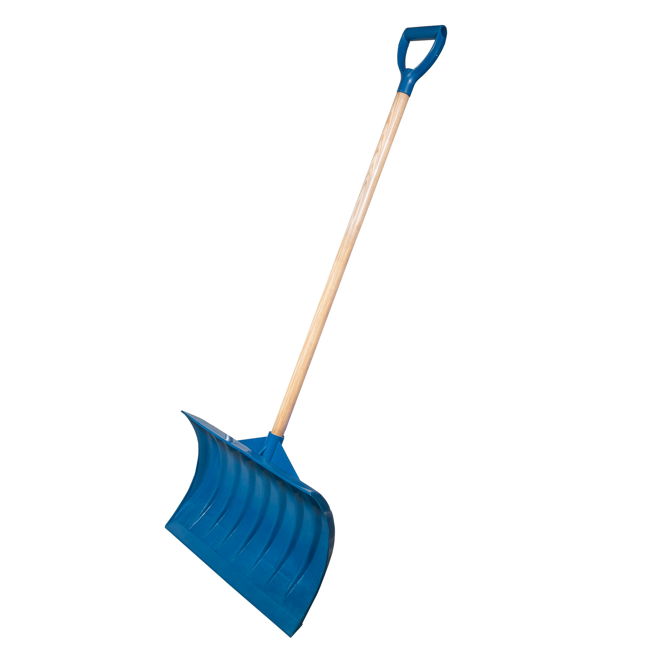 Farm Tuff Durable Snow Shovel Pusher with Hardwood Ash Handle and Large Non Stick Plastic Blade, Blue, 21.8in