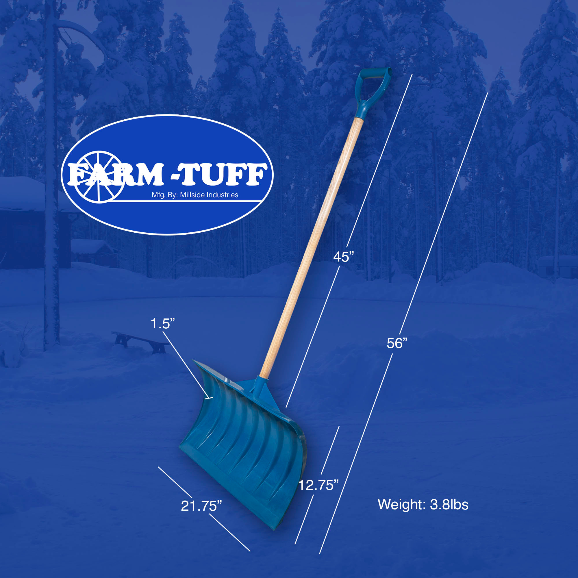 FARM-TUFF Durable Snow Shovel Pusher with Ash Hardwood Handle and