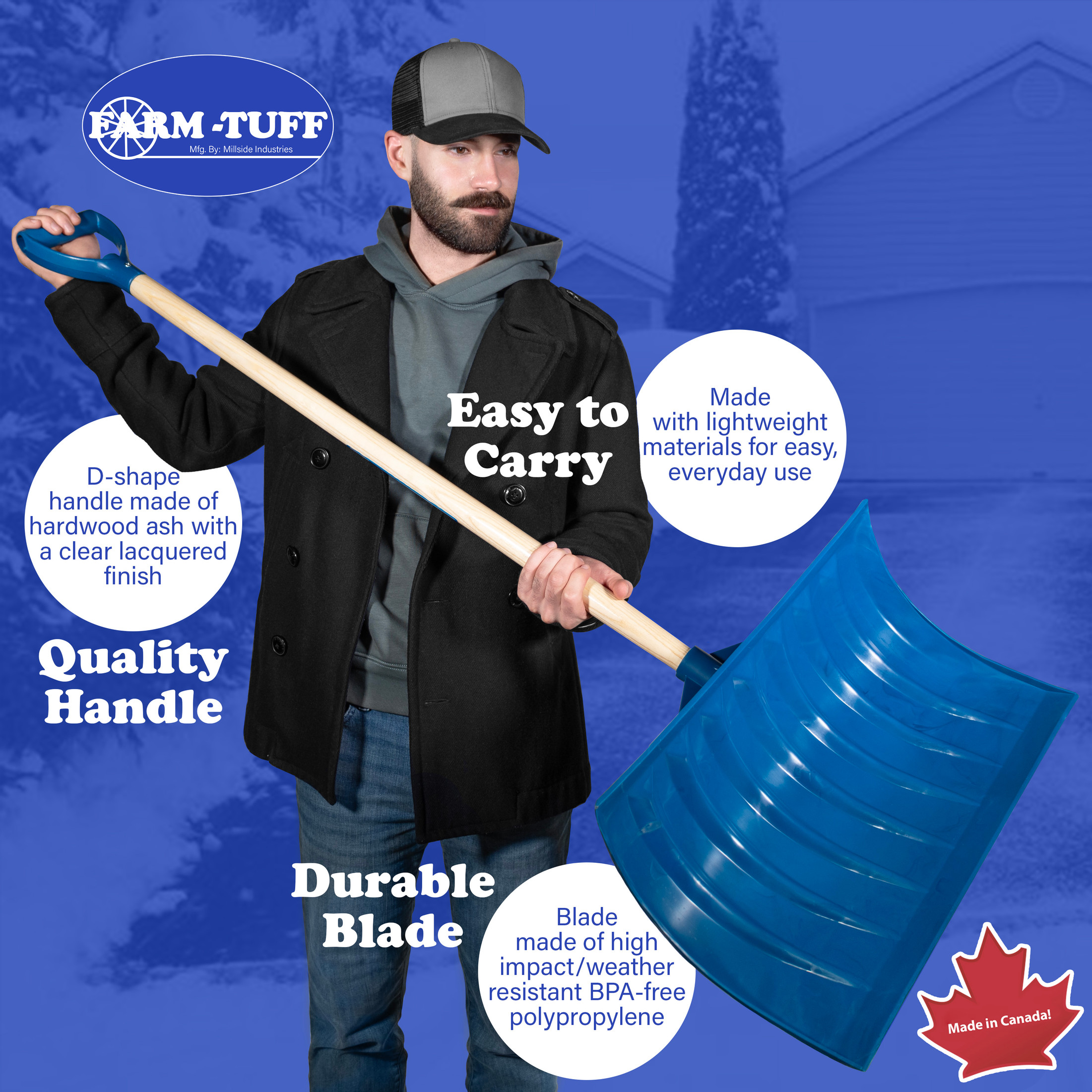 FARM-TUFF Durable Snow Shovel Pusher with Ash Hardwood Handle and