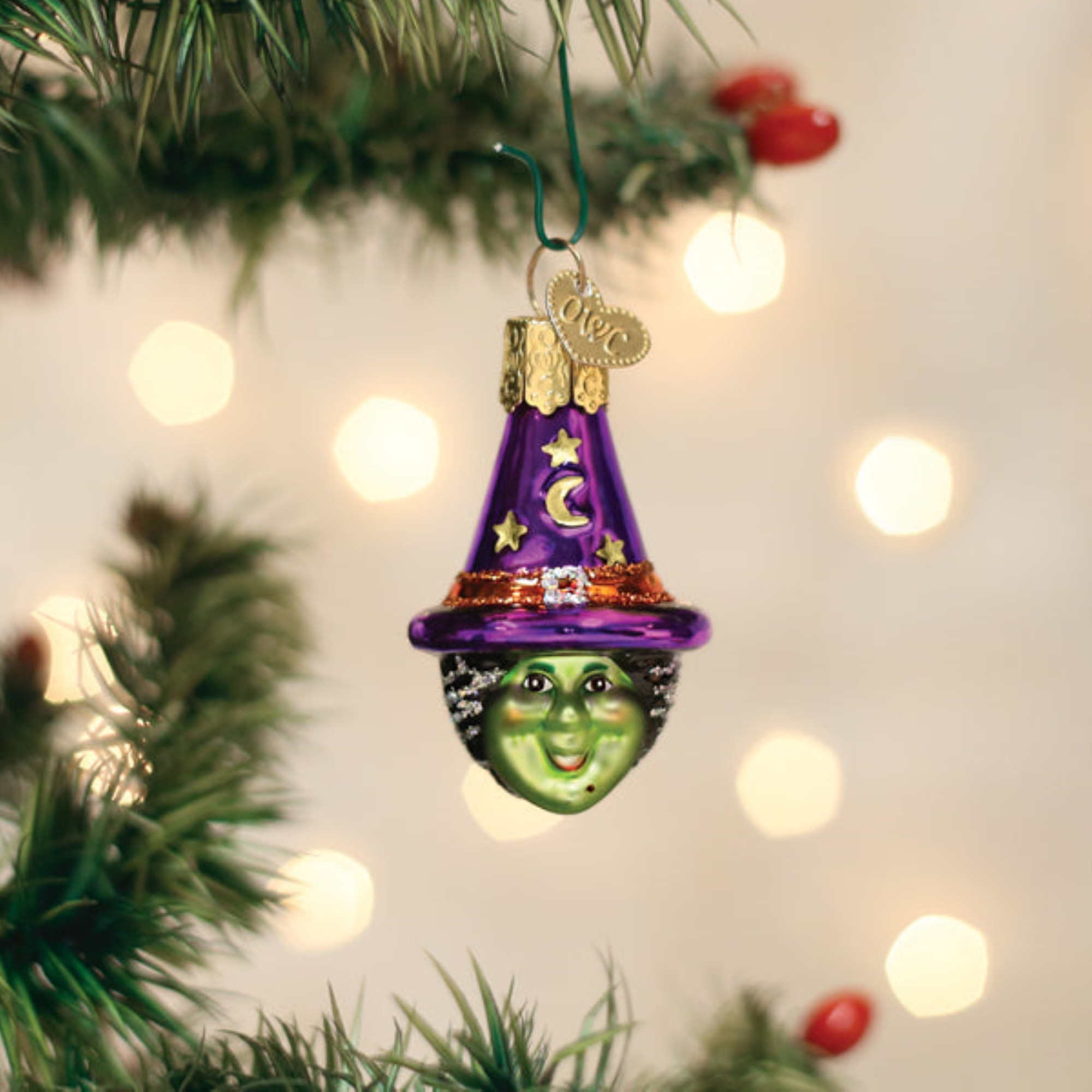 Old World Christmas Blown Glass Ornament for Tree, Mini Witch Head